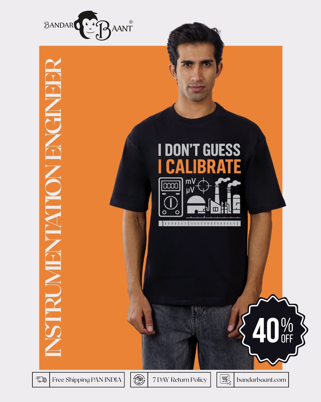 Instrumentation Engineer Quirky T Shirt For Men black oversized fit with calibration graphic and text