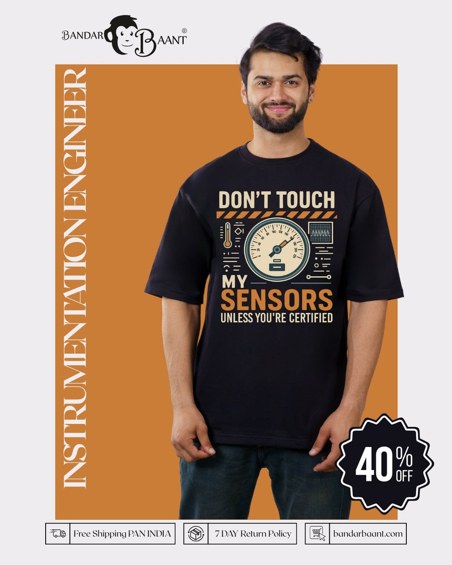 Instrumentation Engineer Tshirt For Men black oversized fit tshirt with sensors graphic and text from Bandar Baant Collections