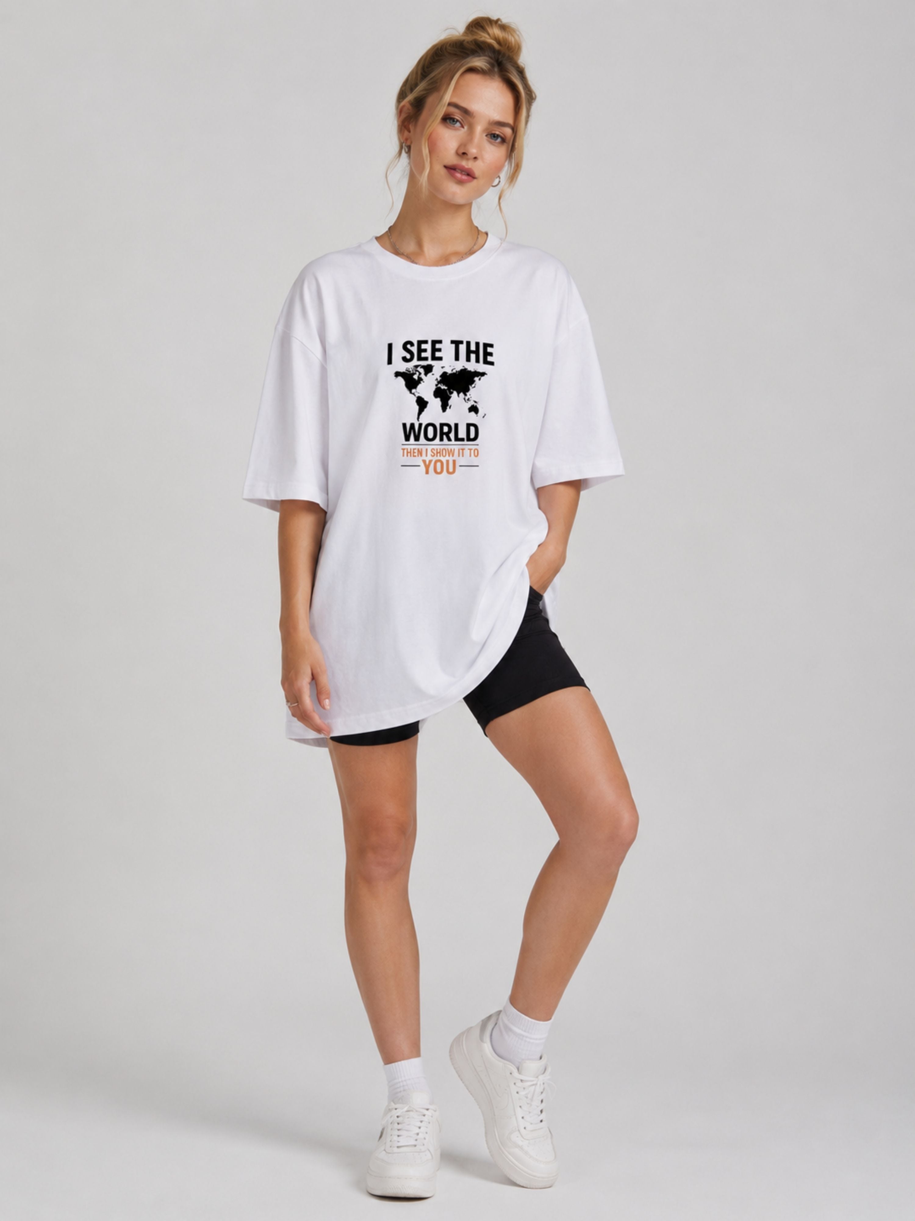 Oversized fit white Journalists Printed T-shirts For Women with world map print worn with black shorts
