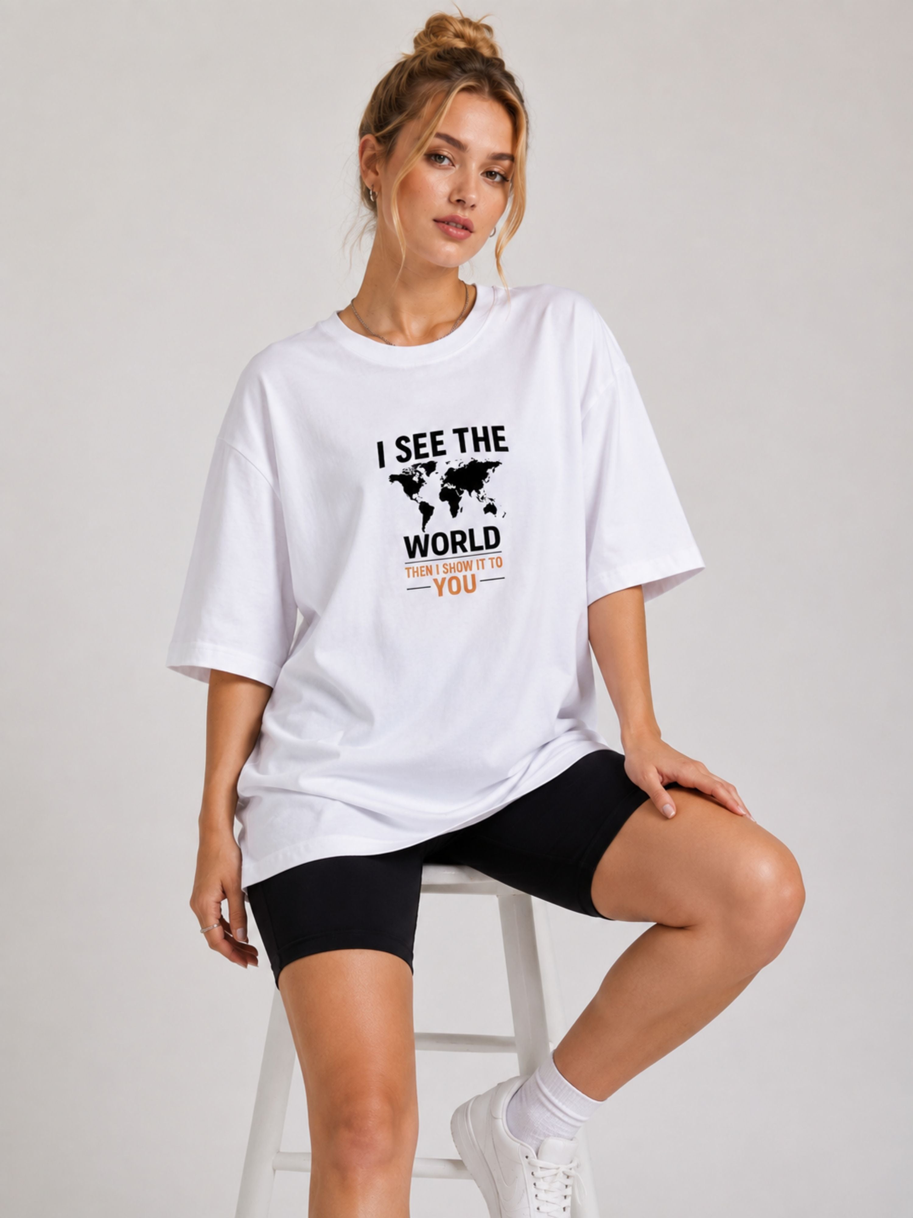 Women wearing oversized fit white Journalists Printed T-shirts For Women with world map design