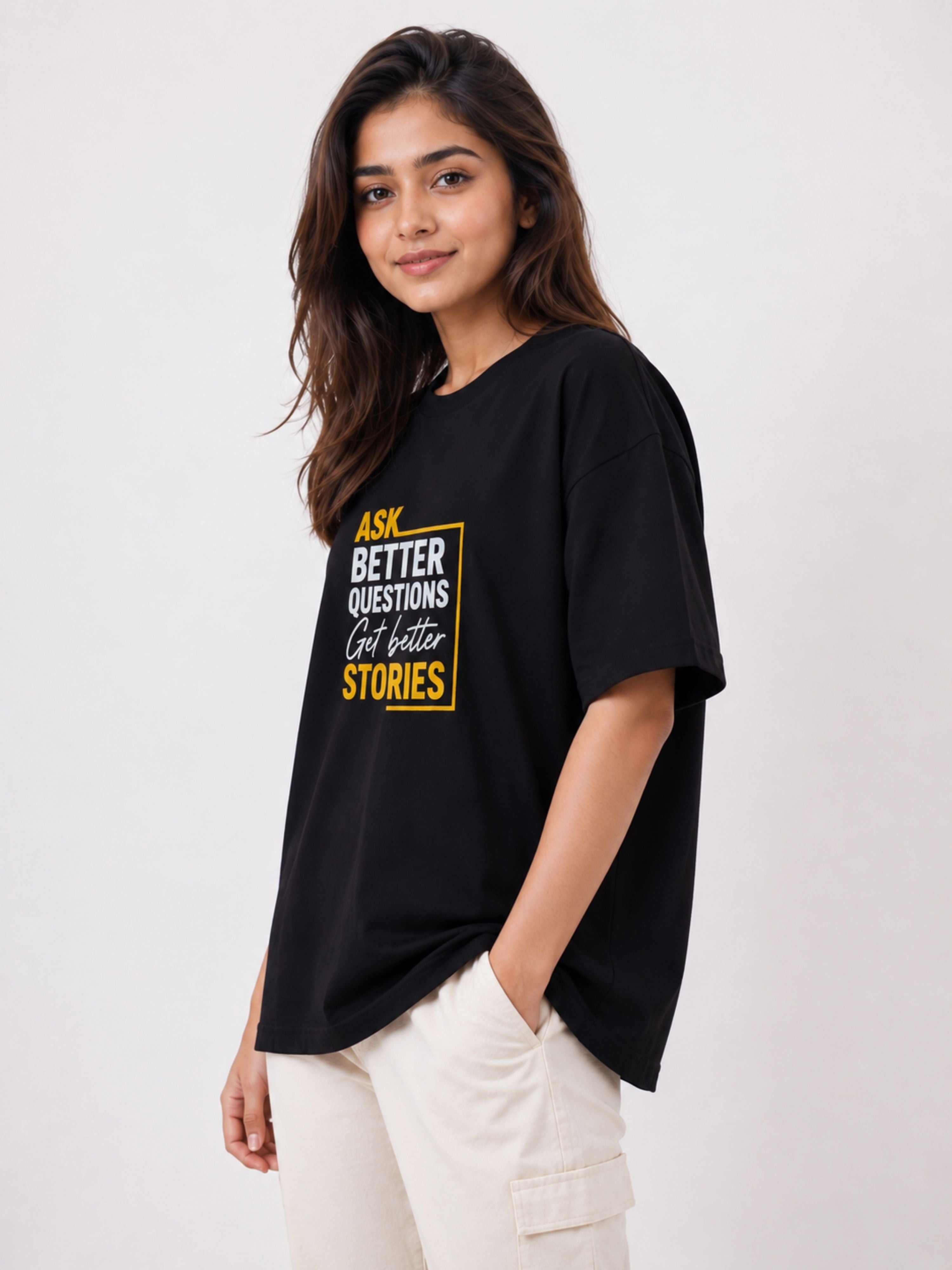 Black oversized fit Tshirt from Bandar Baant Collections featuring a bold print, Journalists Quote T-shirt For Women