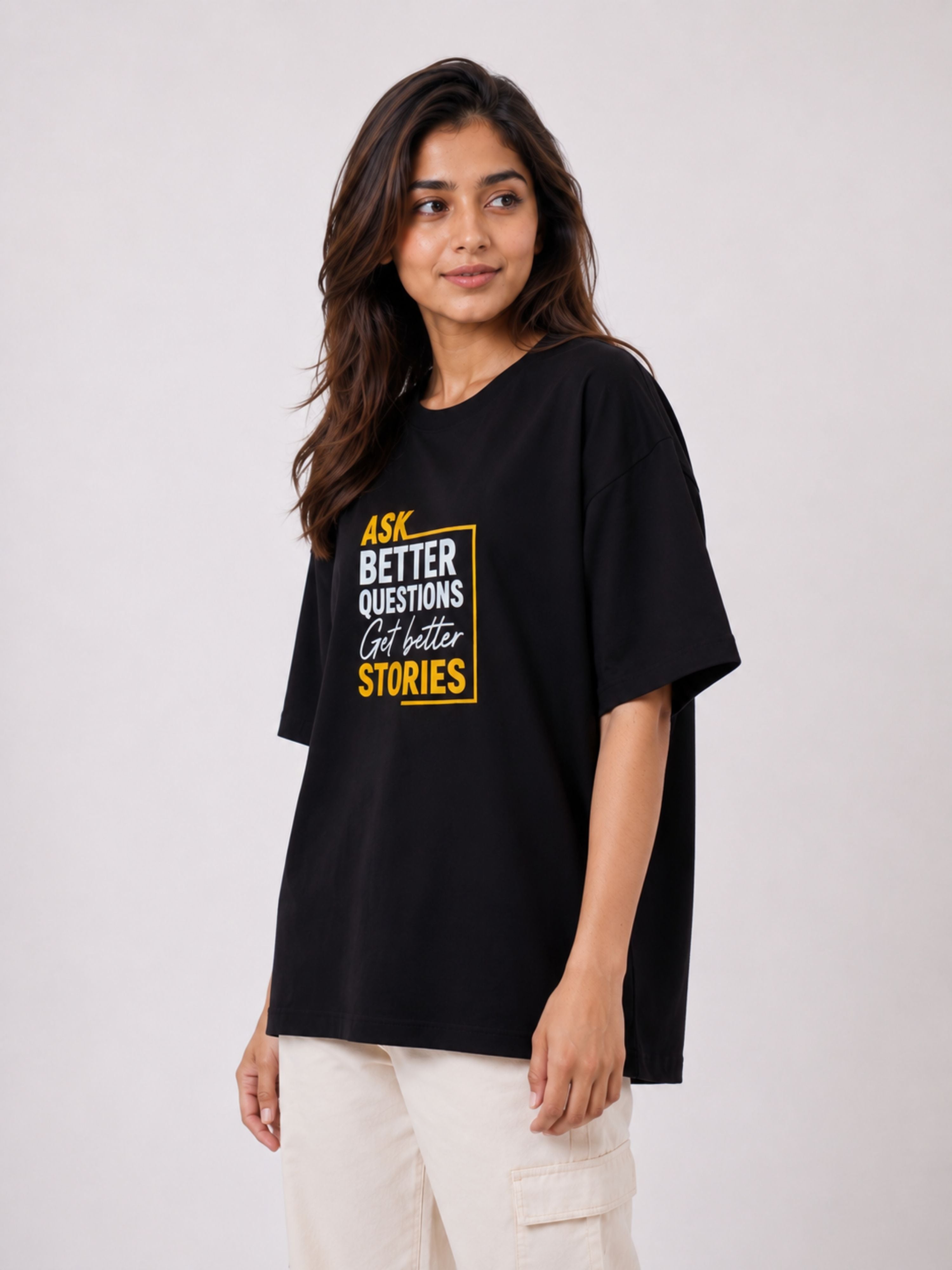 Black oversized fit Journalists Quote T-shirt For Women with yellow and white text design