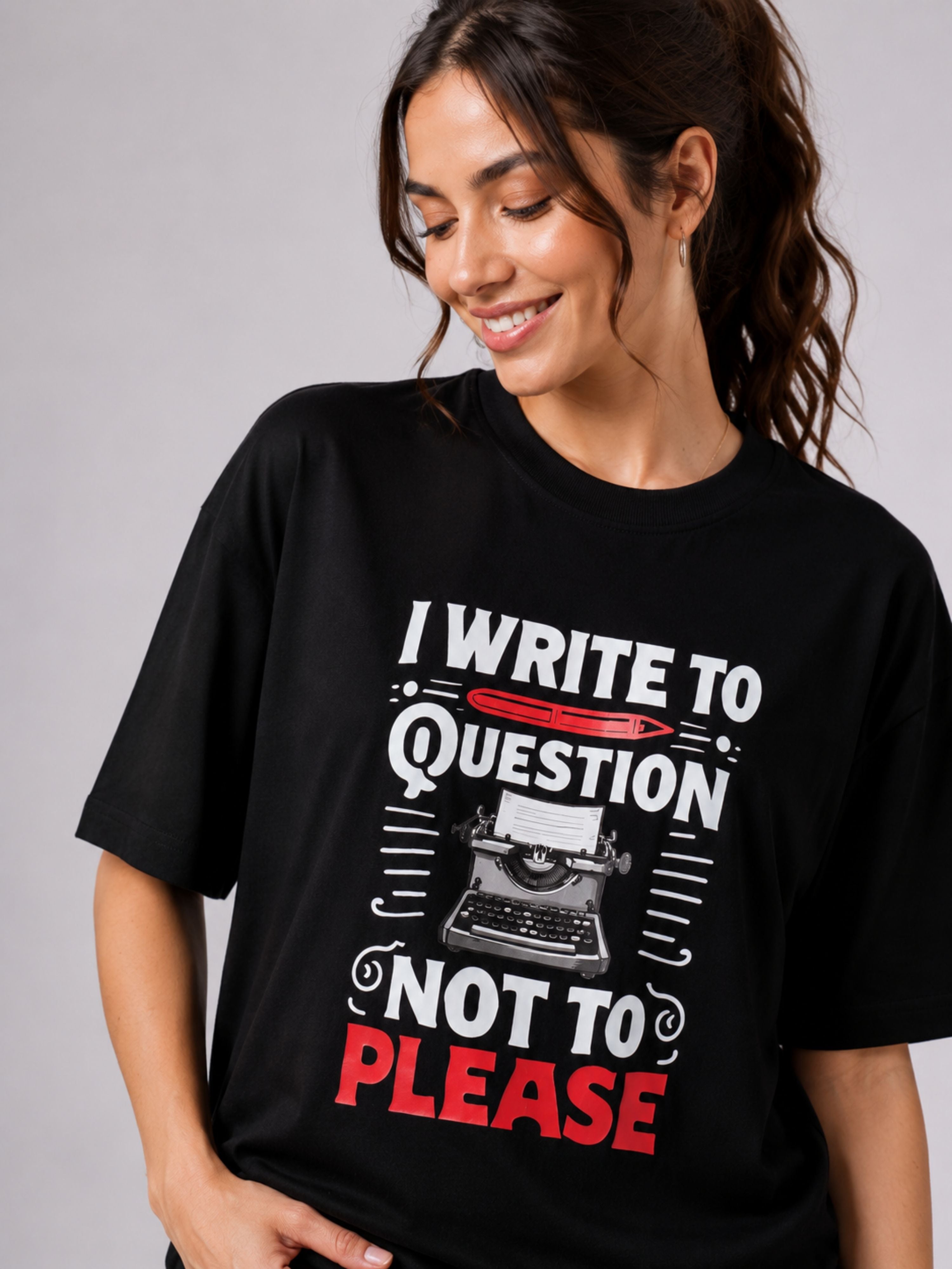 Black oversized fit Journalists Quote Tshirt For Women with typewriter graphic and white red lettering
