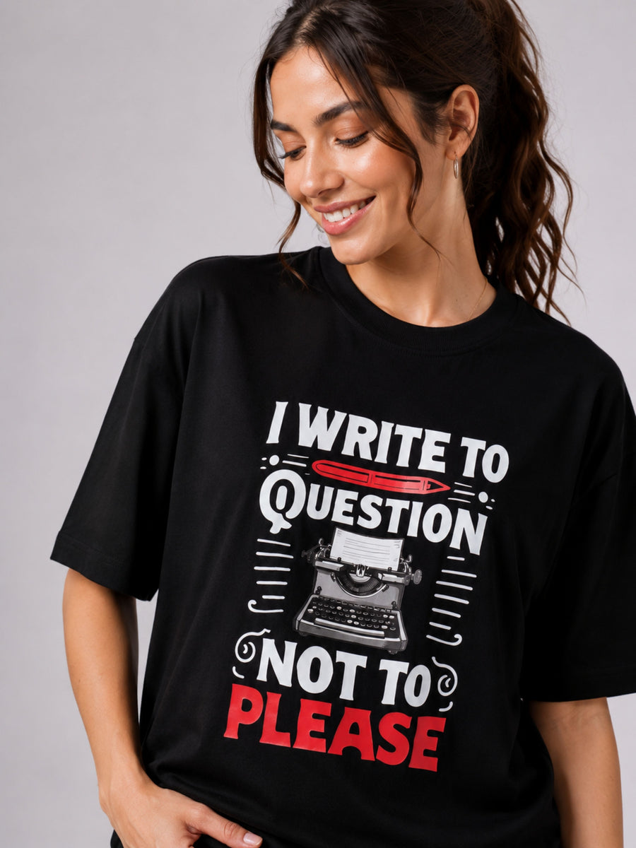Black oversized fit Journalists Quote Tshirt For Women with typewriter graphic and white red lettering