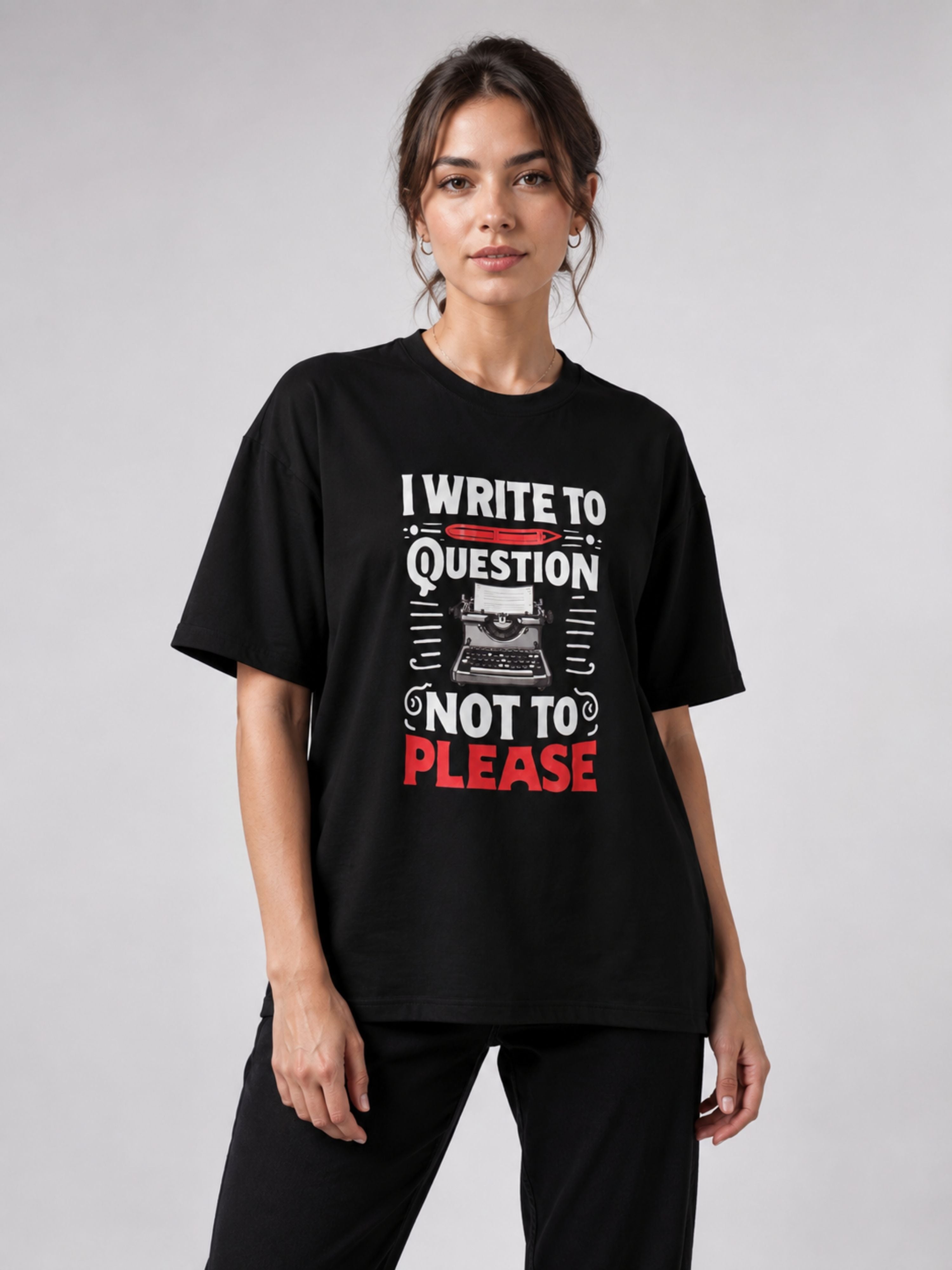 Black oversized fit Journalists Quote Tshirt For Women with typewriter graphic and bold text design
