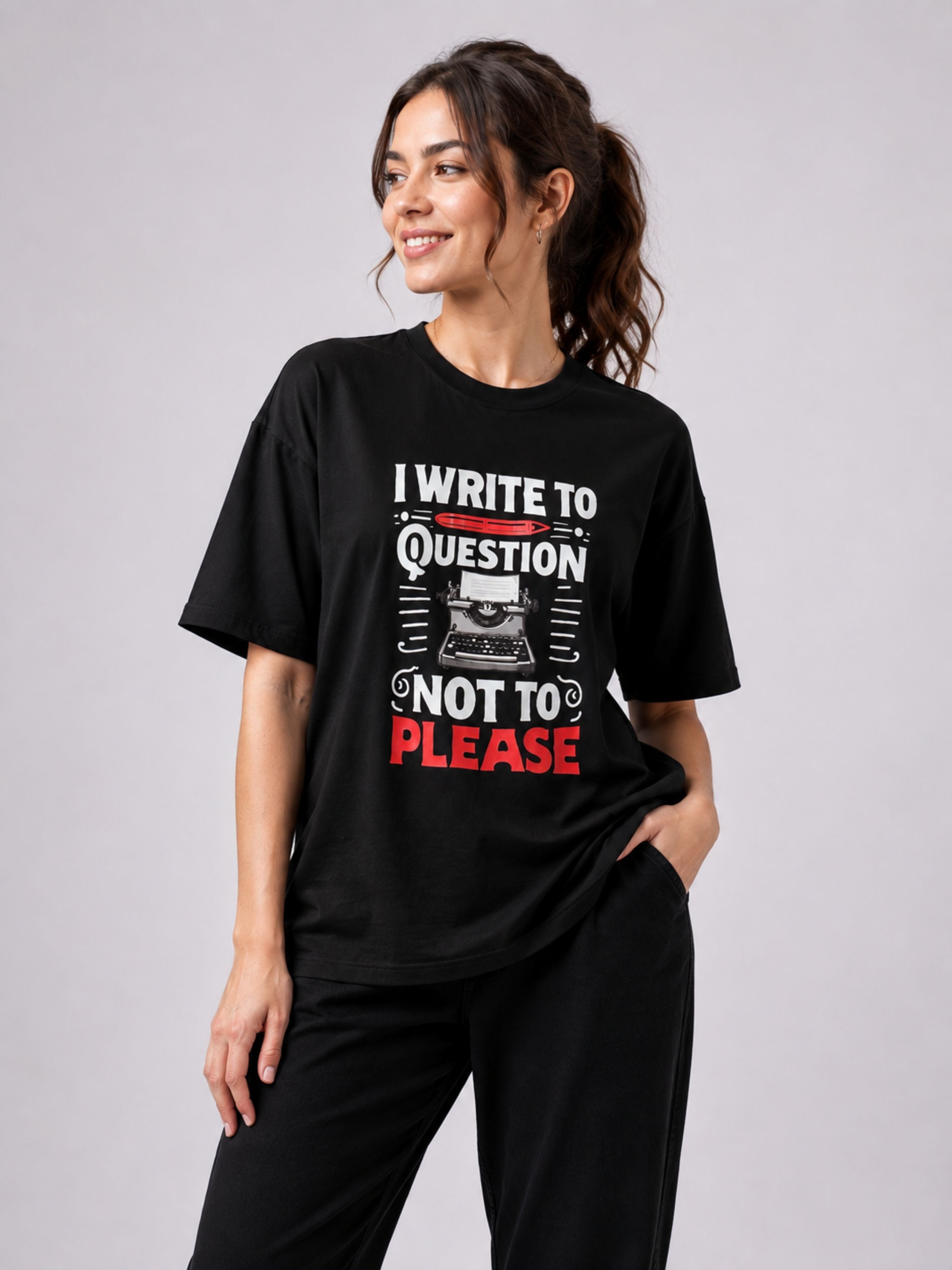 Black oversized fit Journalists Quote Tshirt For Women with white and red text graphic design