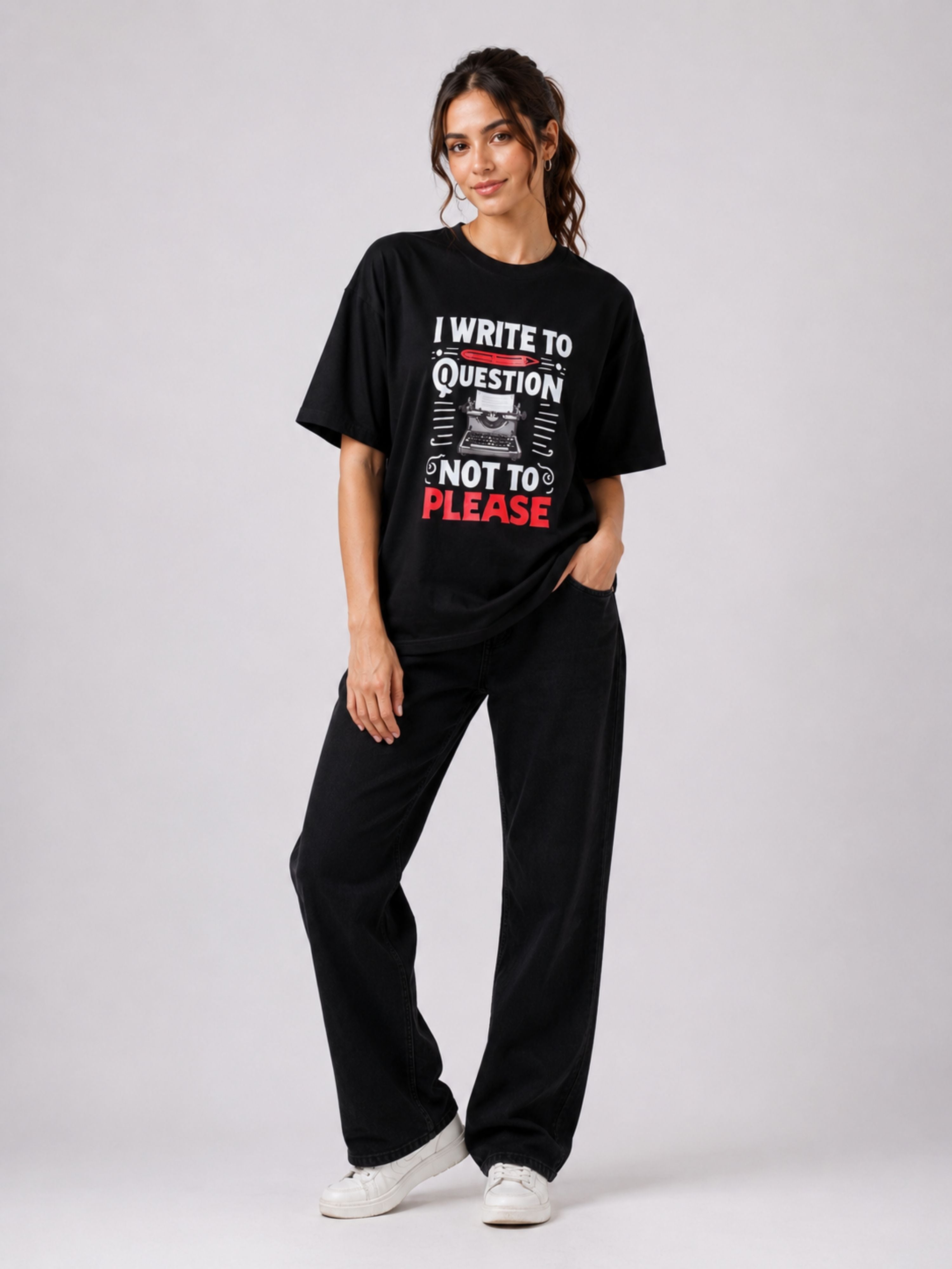 Woman wearing oversized fit Journalists Quote Tshirt For Women in black with graphic text and casual black pants