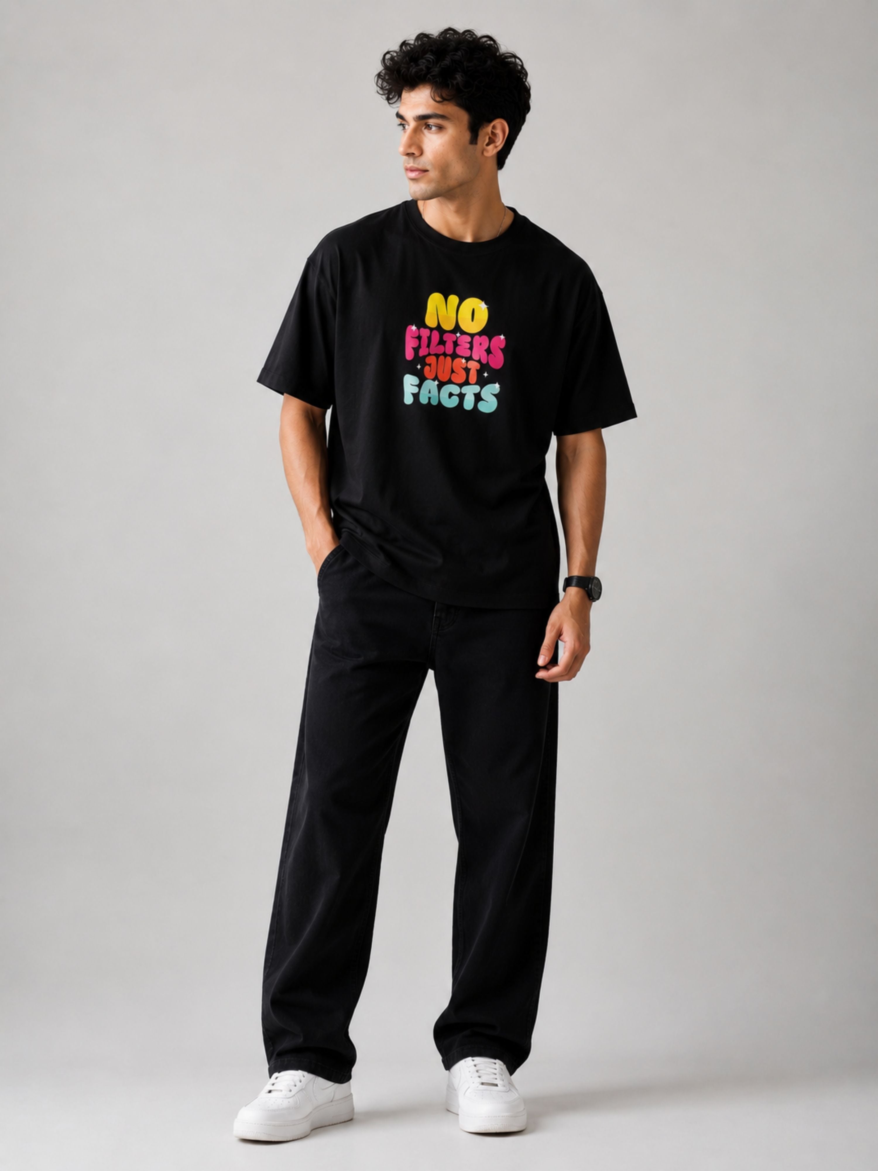 Oversized fit black Journalists T-shirt For Men from Bandar Baant Collections with colorful text print