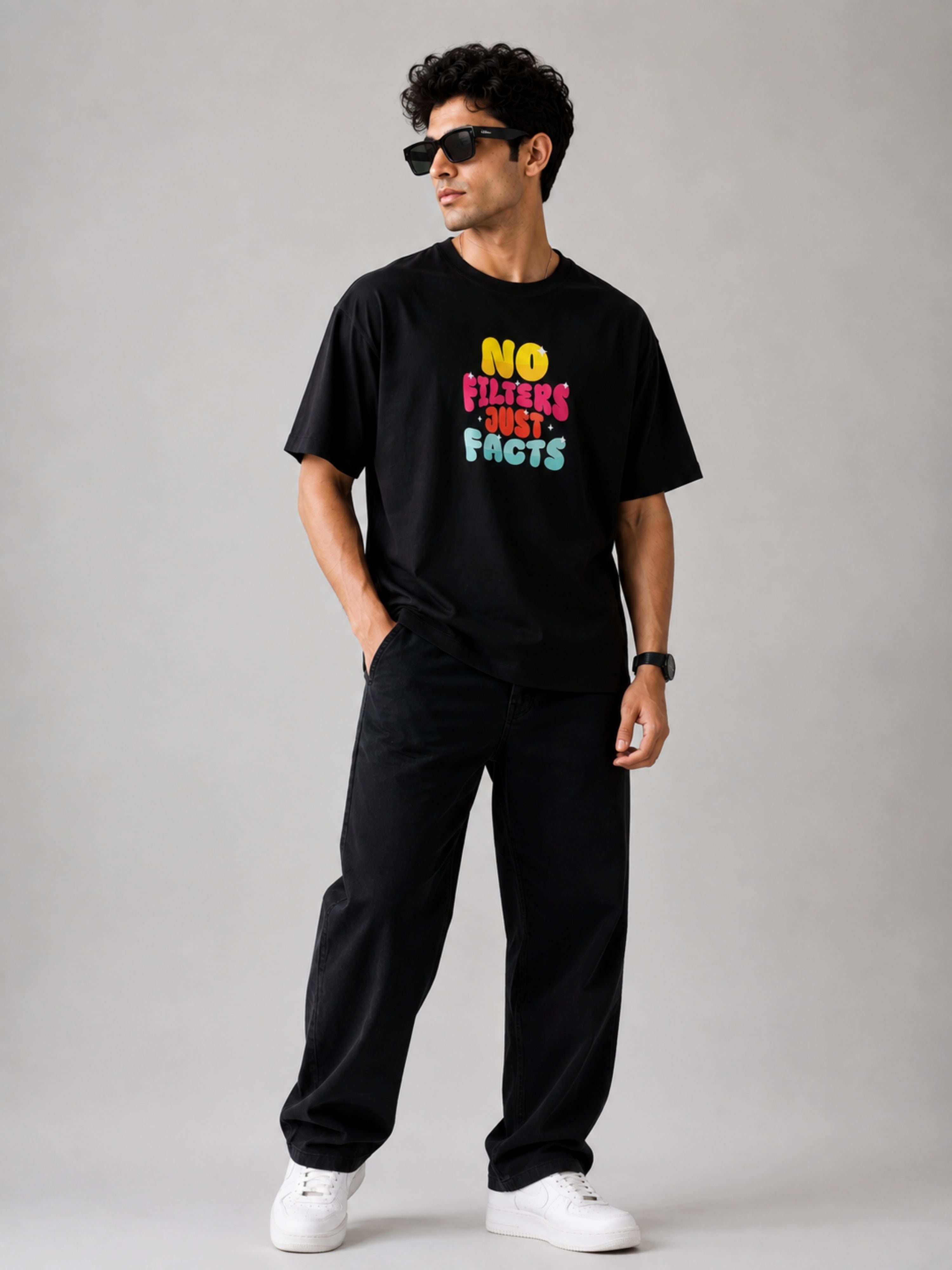 Oversized fit Journalists T-shirt For Men in black with colorful No Filters Just Facts print by Bandar Baant Collections