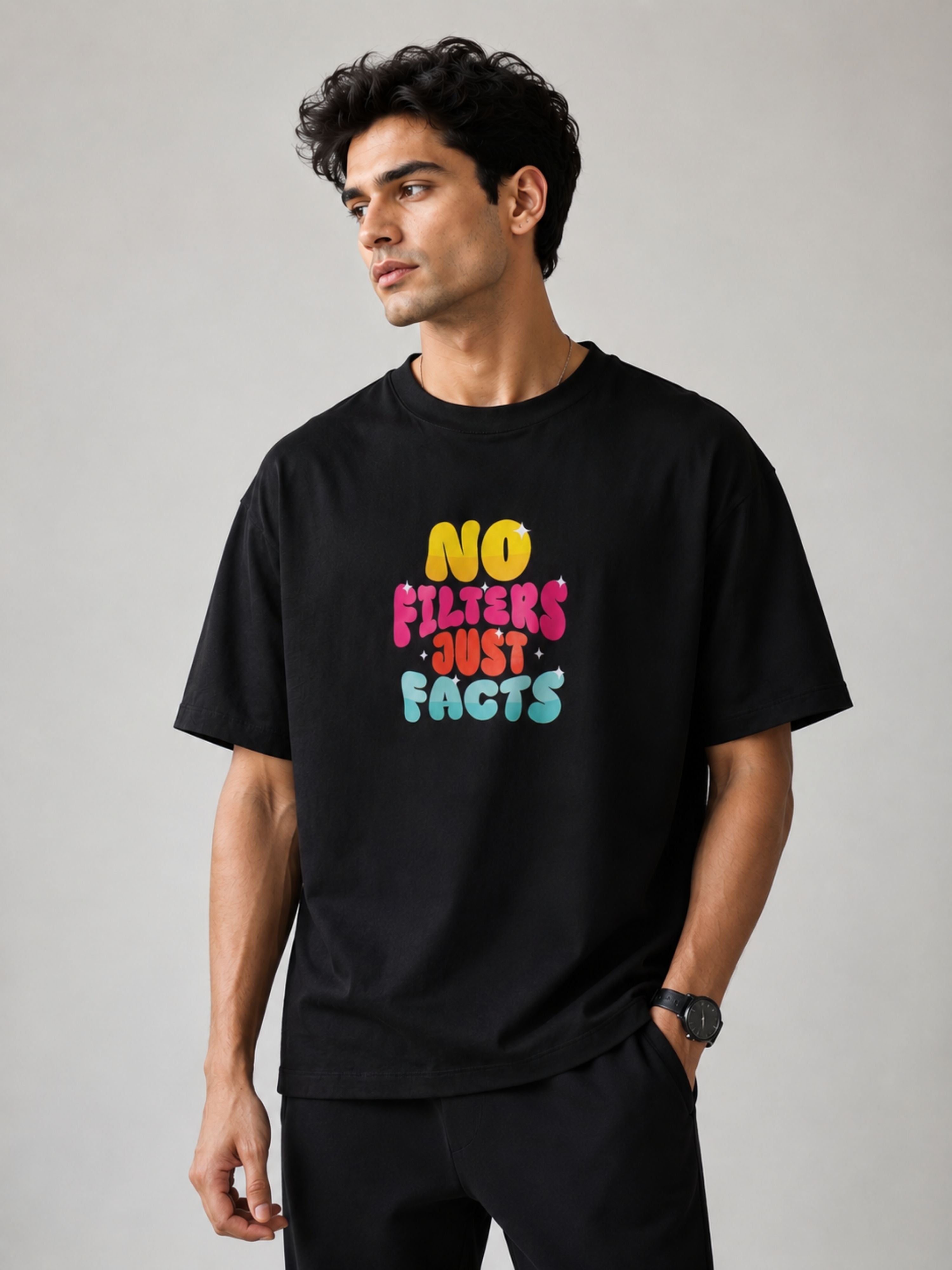 Oversized fit black Journalists T-shirt For Men with colorful No Filters Just Facts print