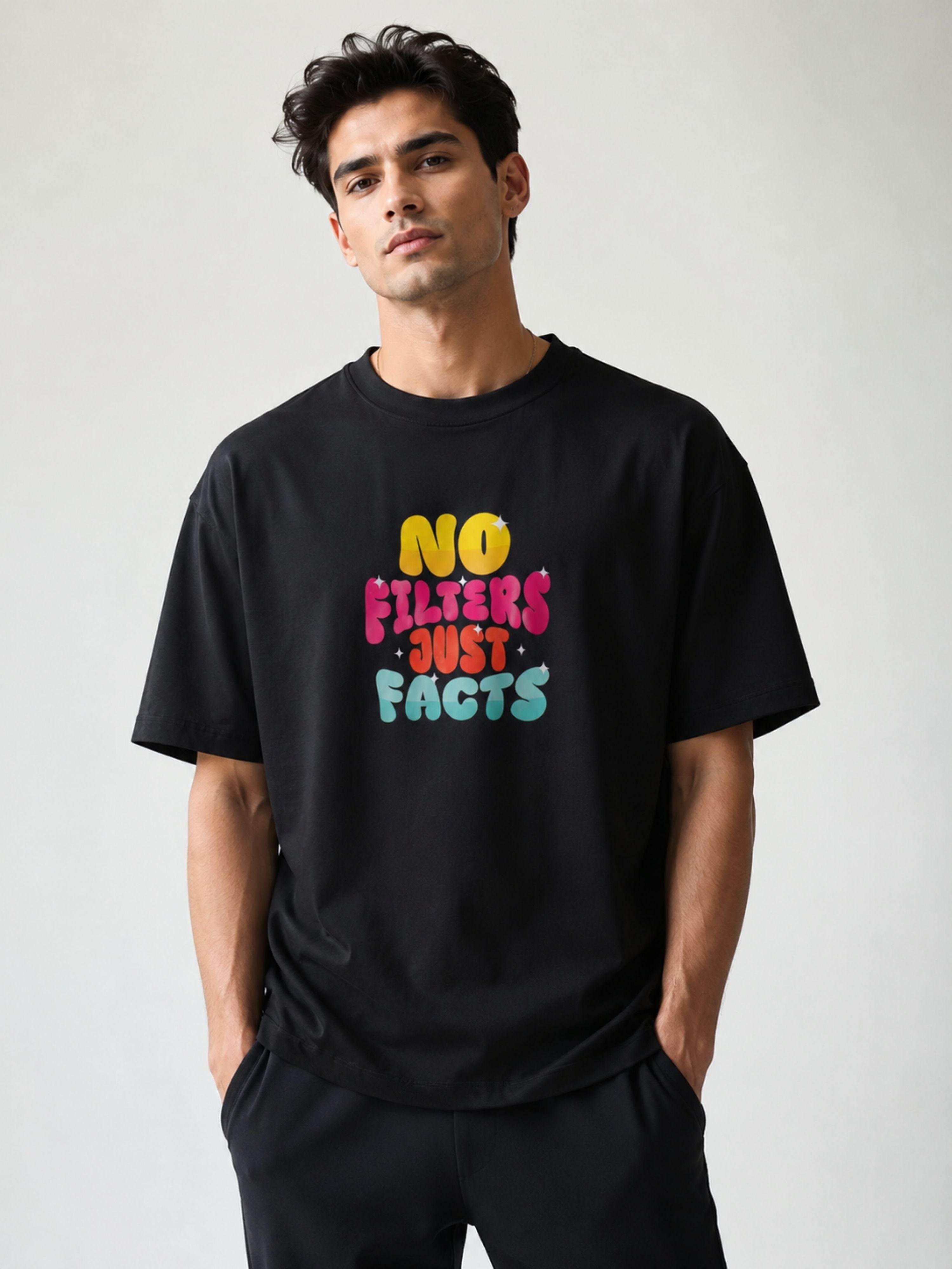 Black oversized fit Journalists T-shirt For Men with colorful No Filters Just Facts print by Bandar Baant Collections