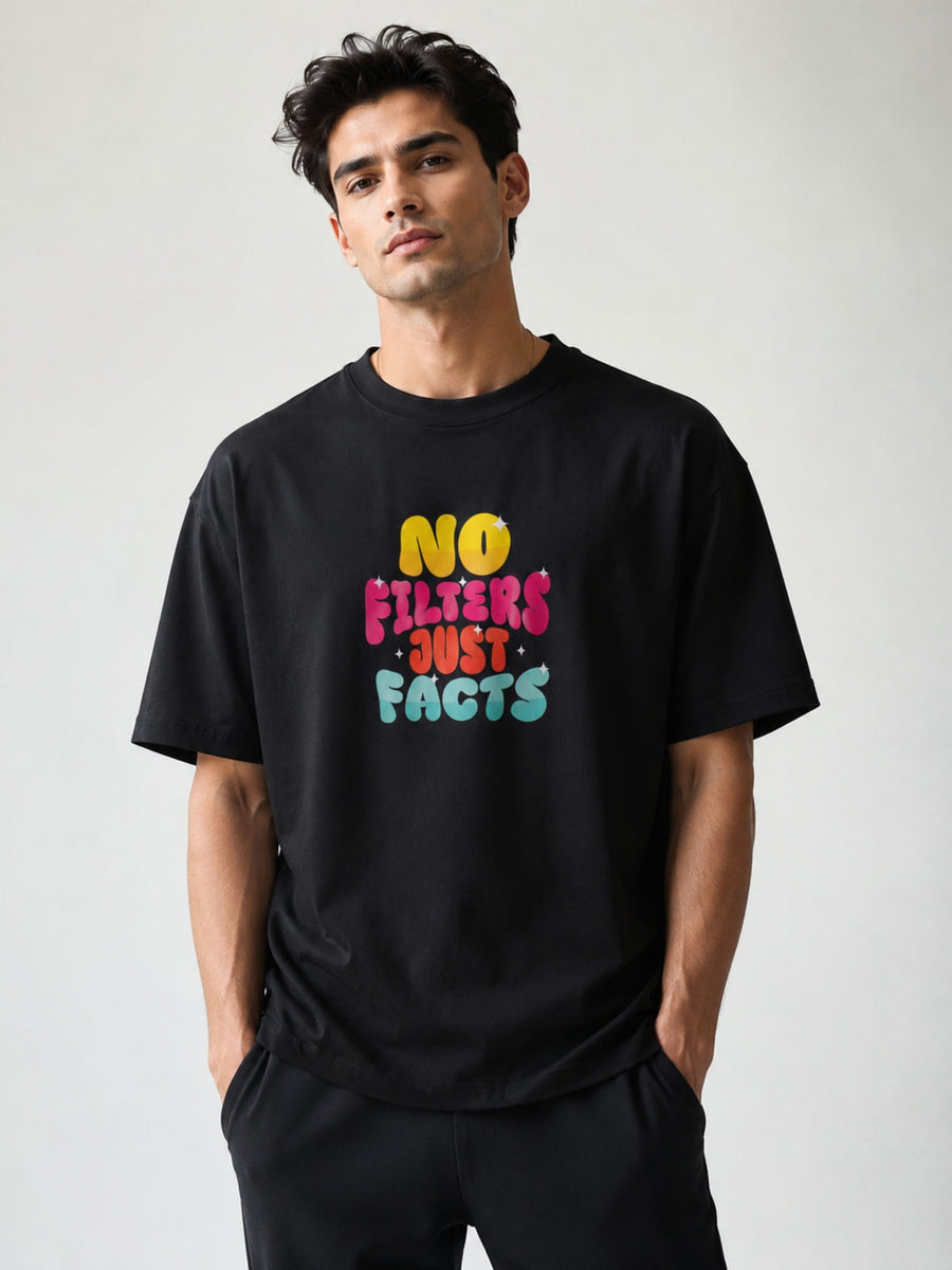 Black oversized fit Journalists T-shirt For Men with colorful No Filters Just Facts print by Bandar Baant Collections