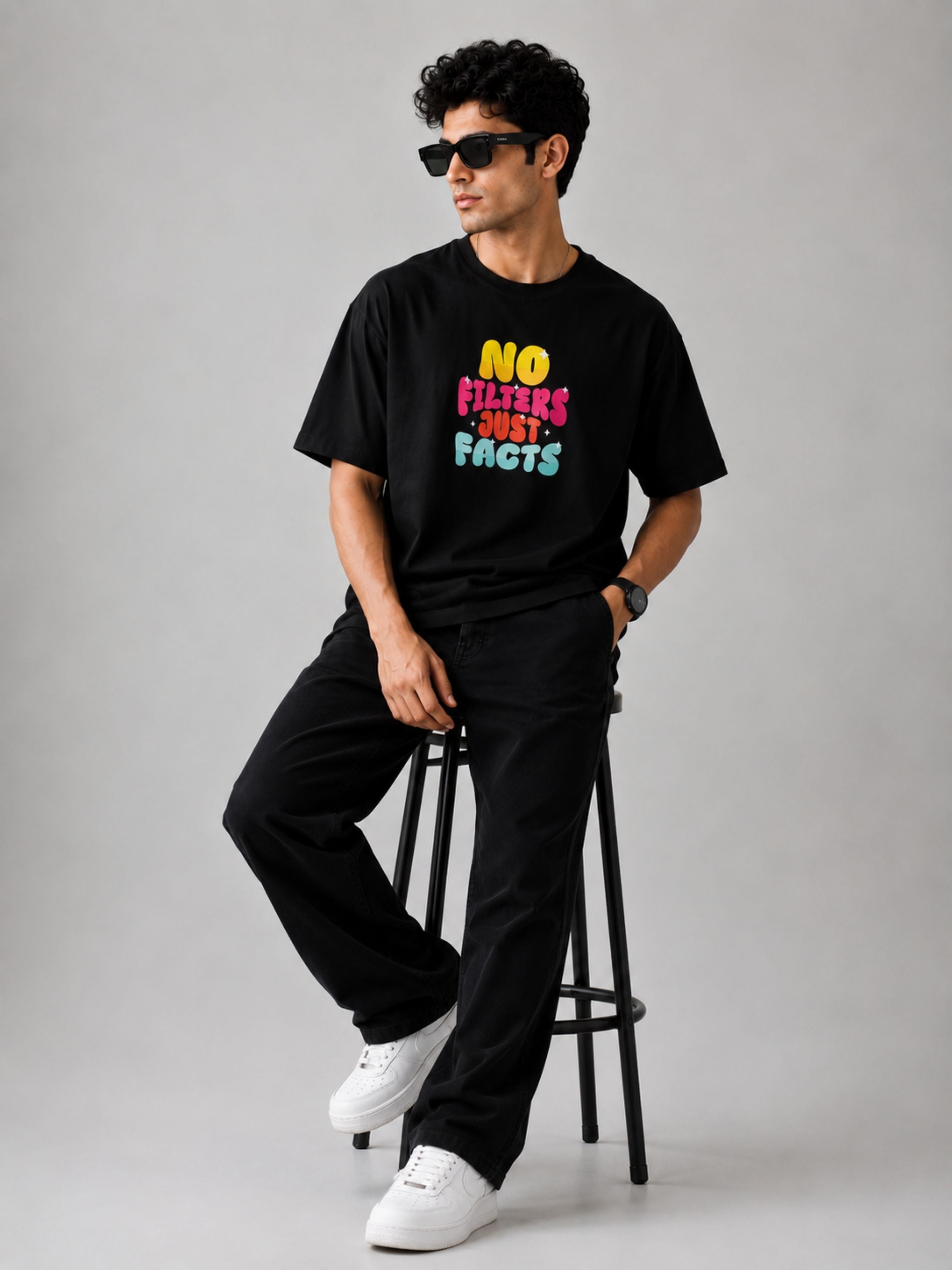 Black oversized fit Journalists T-shirt For Men with colorful No Filters Just Facts print