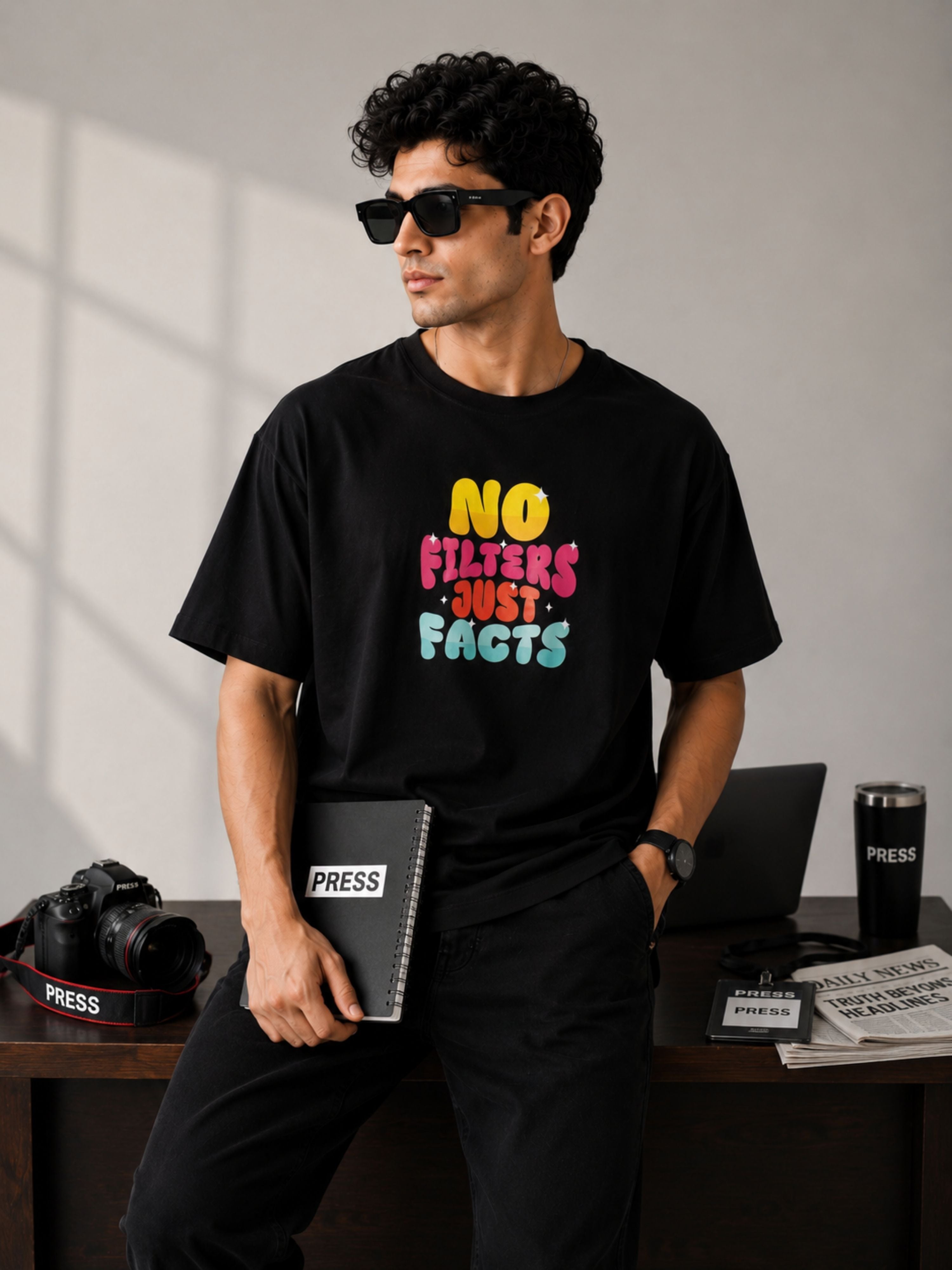 Black oversized fit Journalists T-shirt For Men with no filters just facts print by Bandar Baant Collections