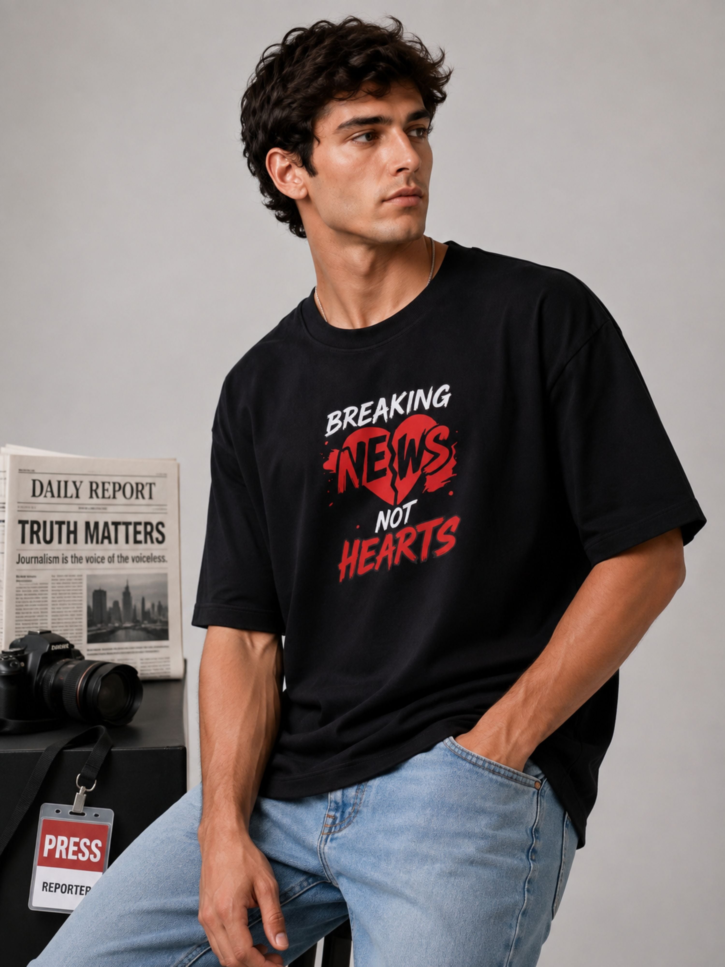Black oversized fit Journalists T-shirt For Men with breaking news graphic worn by male model
