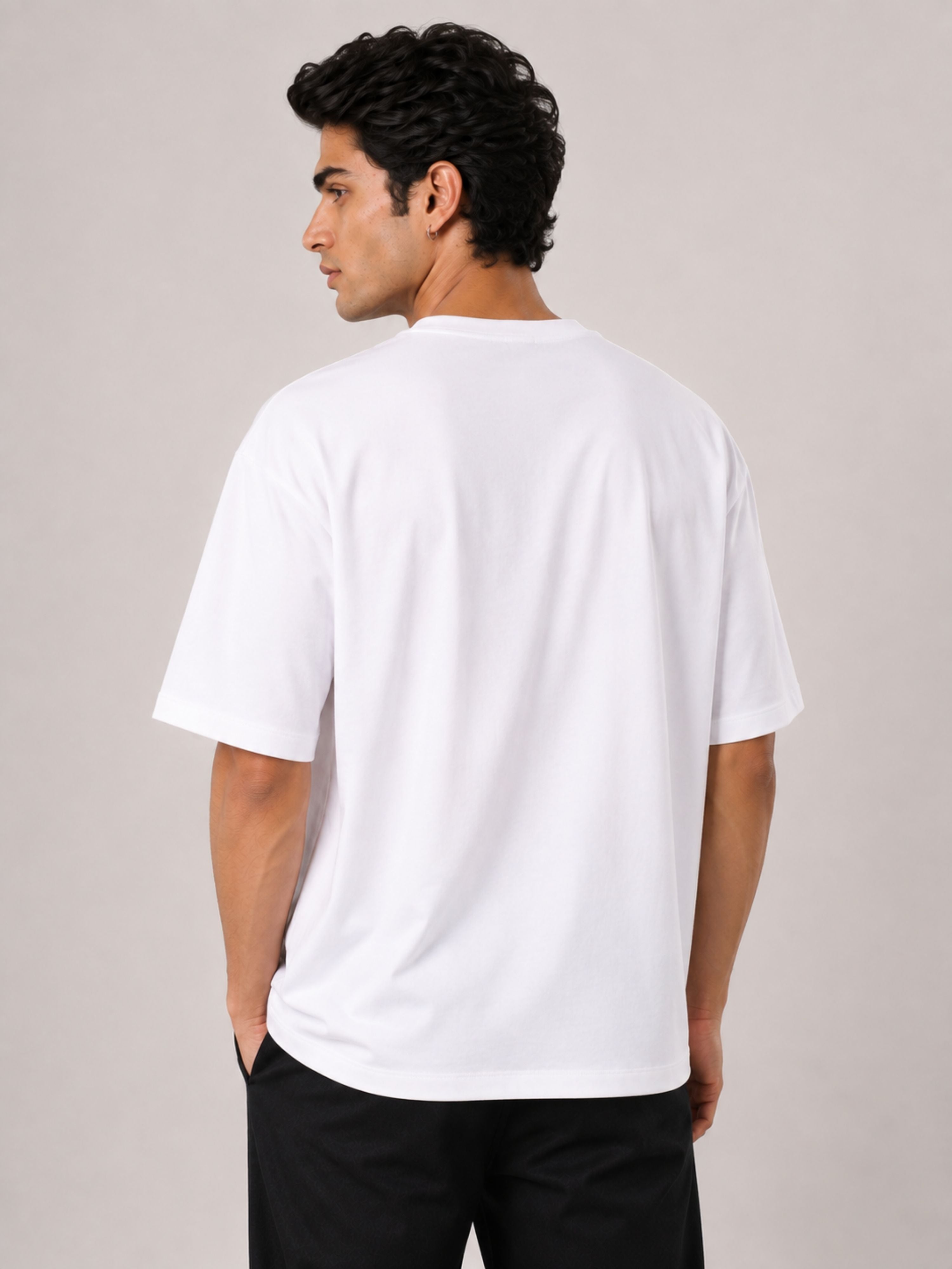 Bandar Baant Collections oversized fit plain white Journalists T-Shirt For Men shown from the back