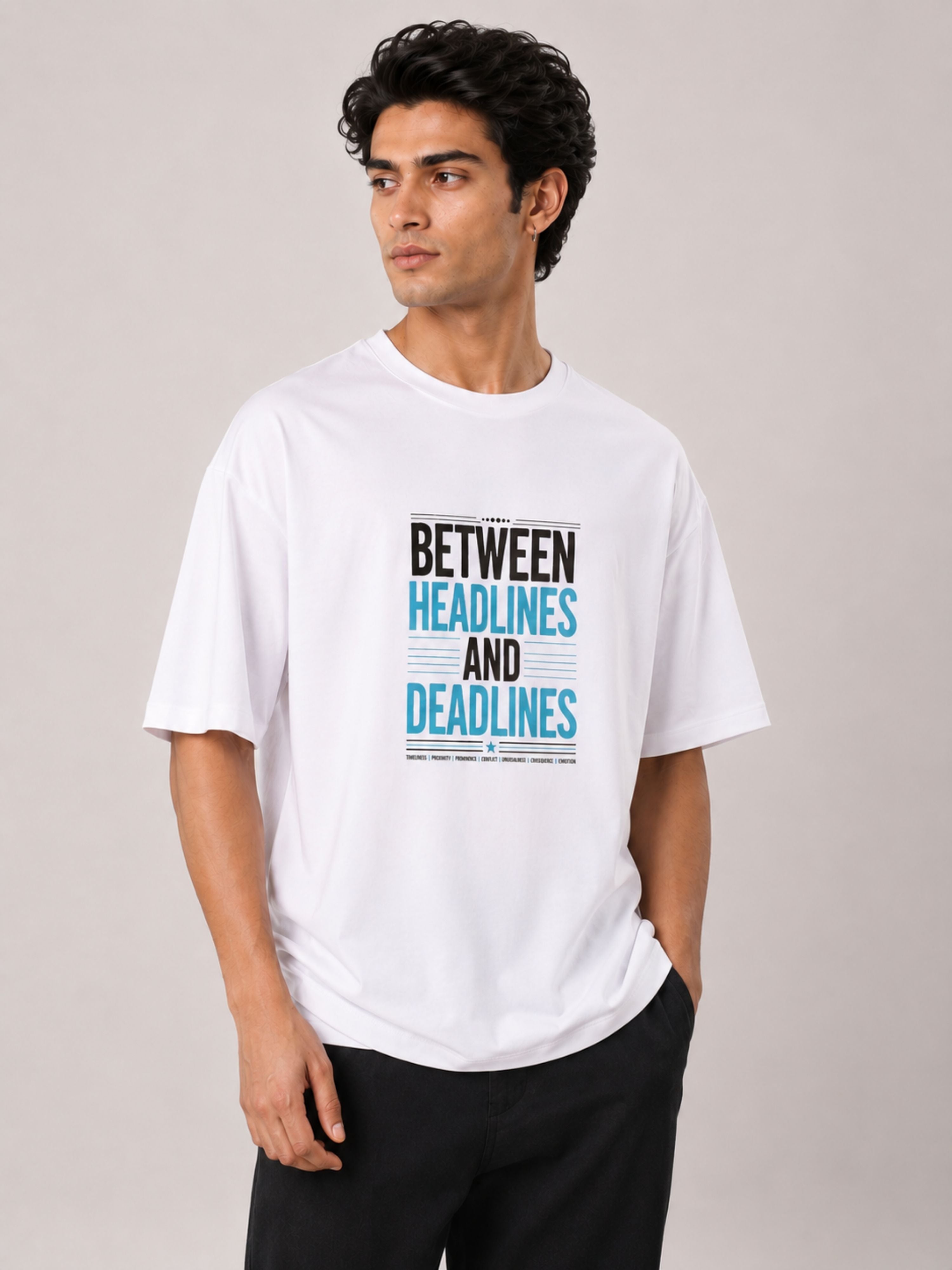 Bandar Baant Collections oversized fit Journalists T-Shirt For Men in white with headlines and deadlines print