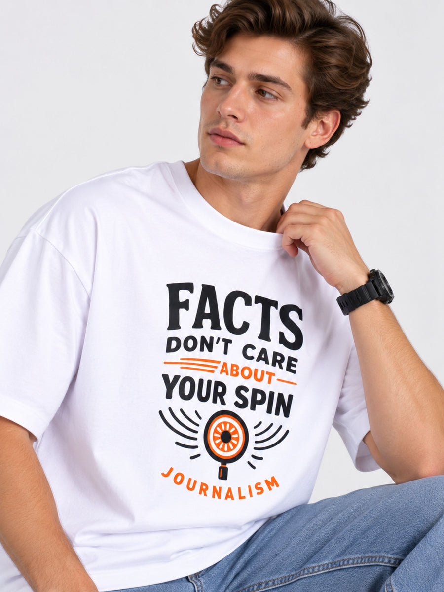 Bandar Baant Collections oversized fit white Journalists T-Shirt For Men with facts graphic print