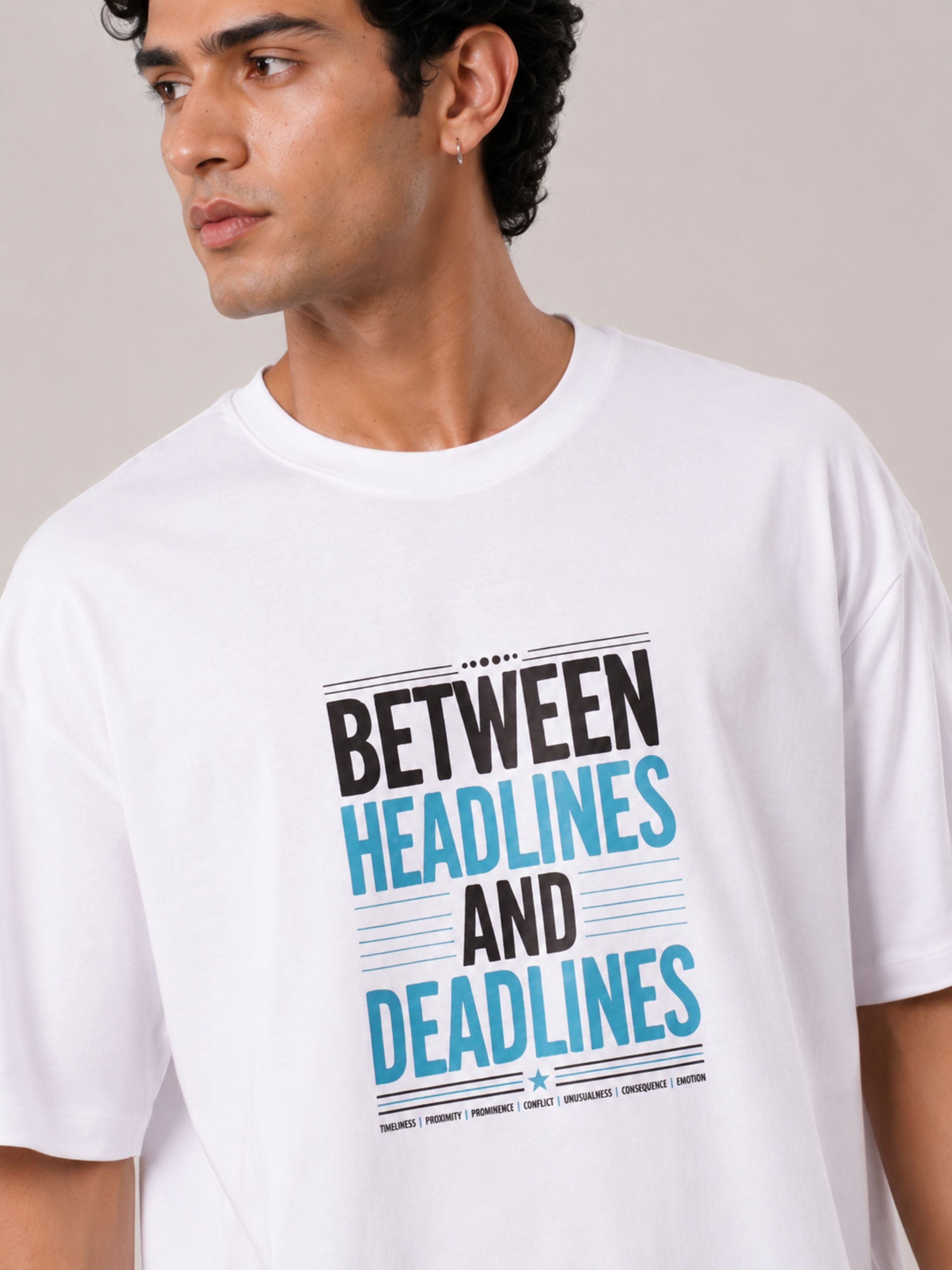 Bandar Baant Collections oversized fit white Journalists T-Shirt For Men with Between Headlines and Deadlines print