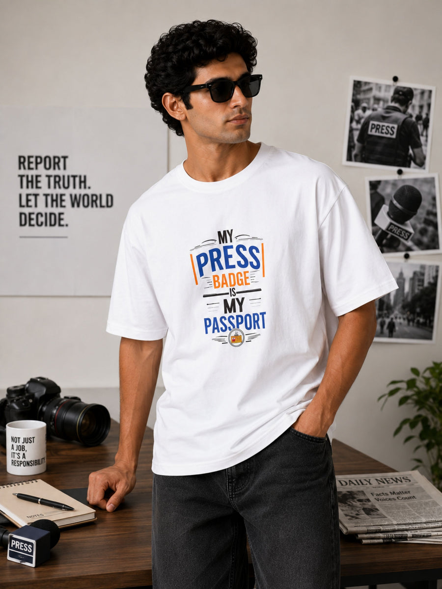 Oversized fit Journalists T-shirt For Men in white with printed press badge design by Bandar Baant Collections