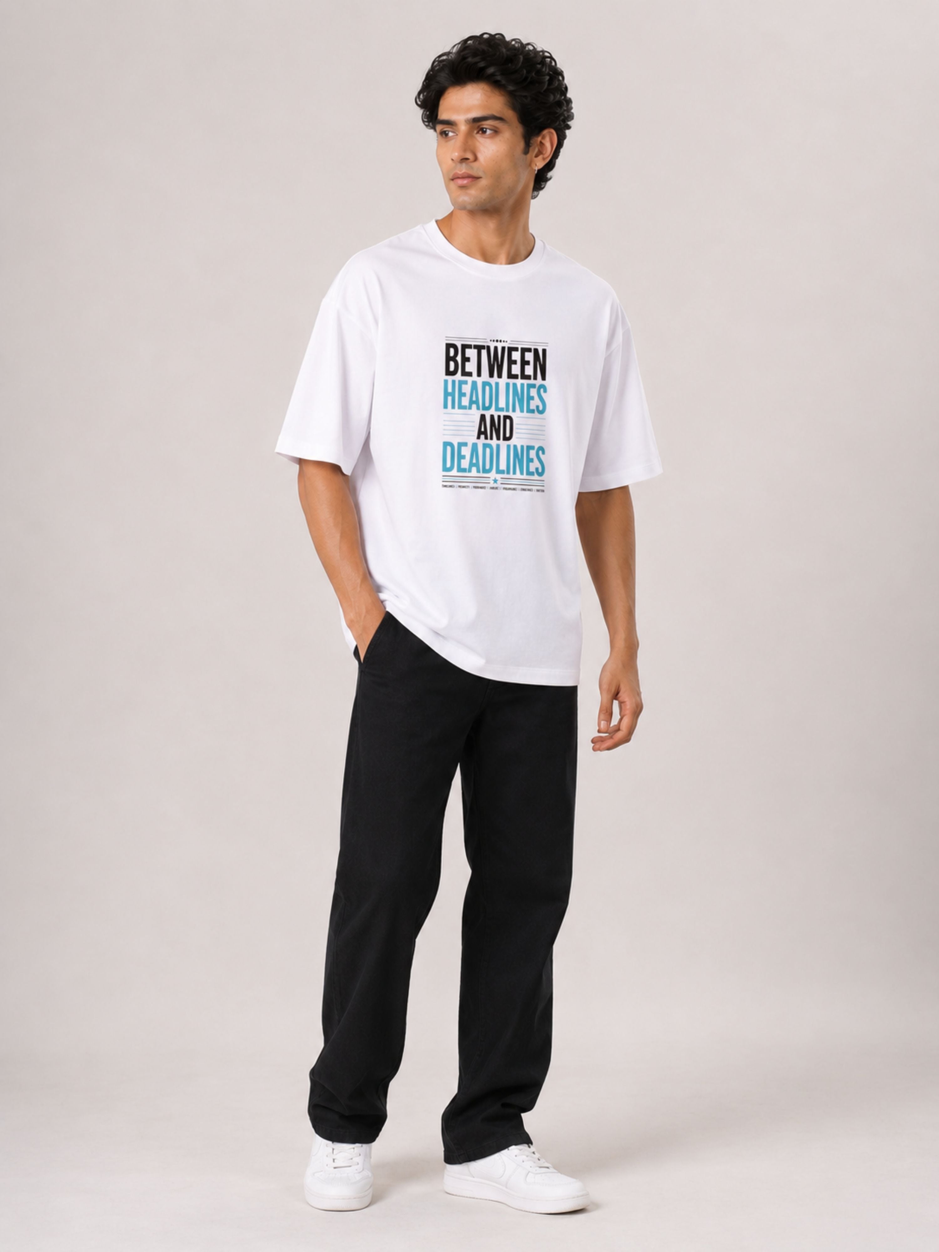 Bandar Baant Collections oversized fit Journalists T-Shirt For Men in white with black and blue text design