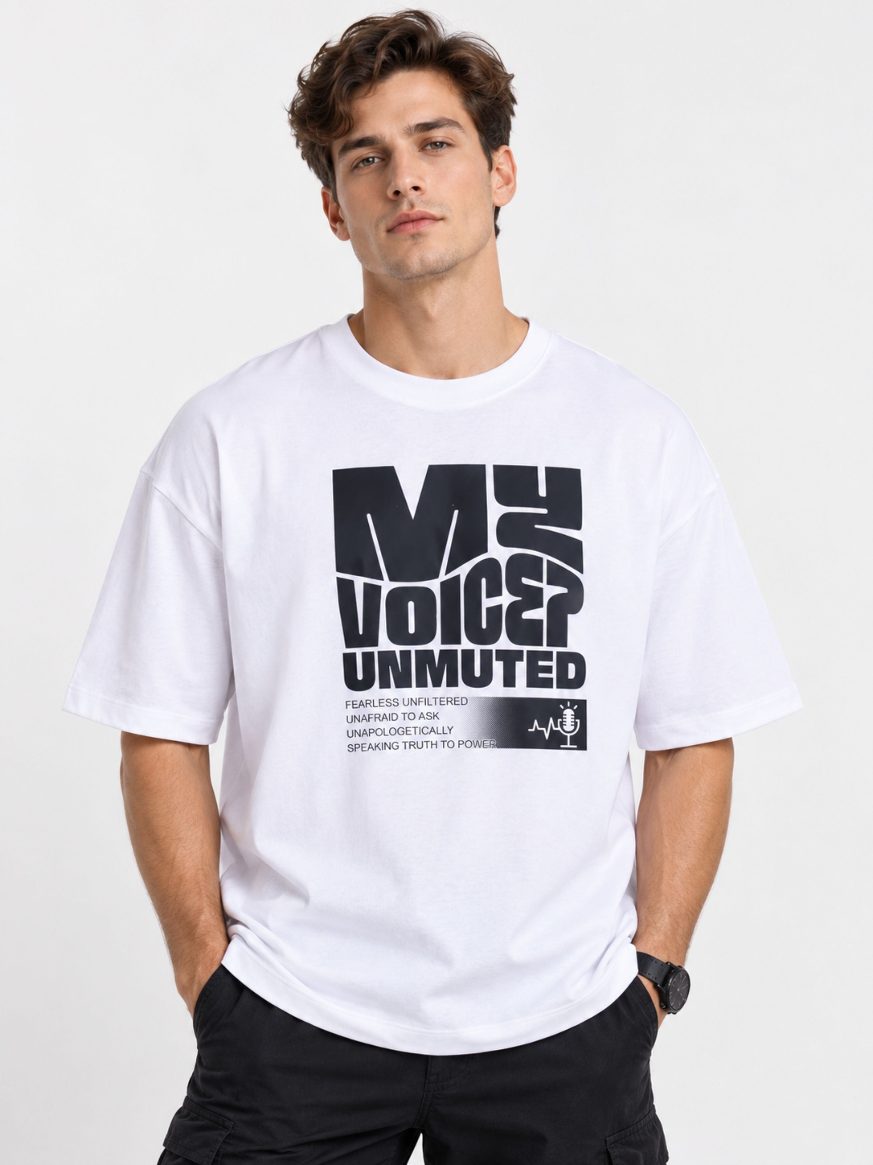 Bandar Baant Collections oversized fit Journalists T-Shirt For Men in white with bold black print