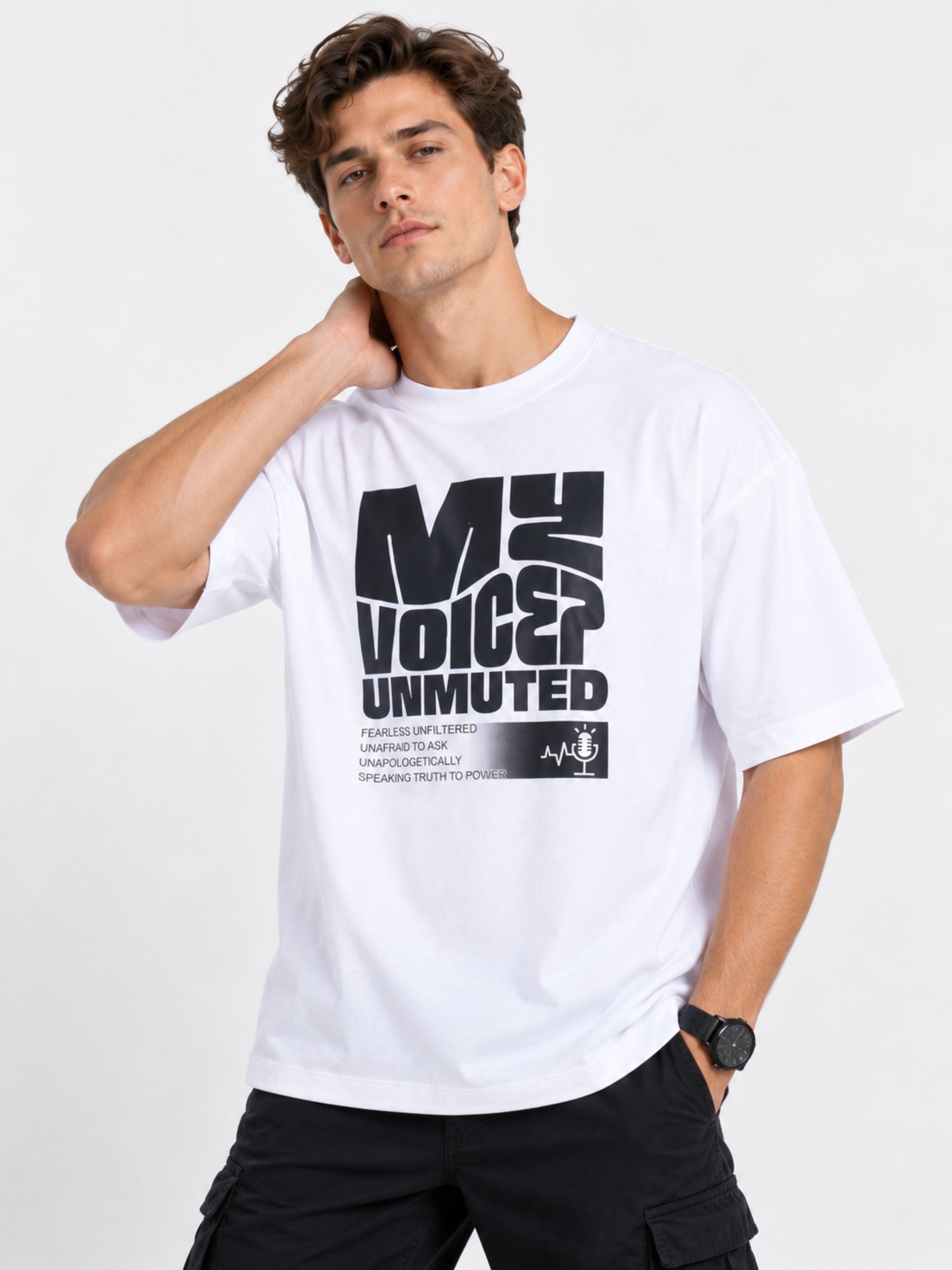 White oversized fit Journalists T-Shirt For Men with bold black My Voice Unmuted text graphic