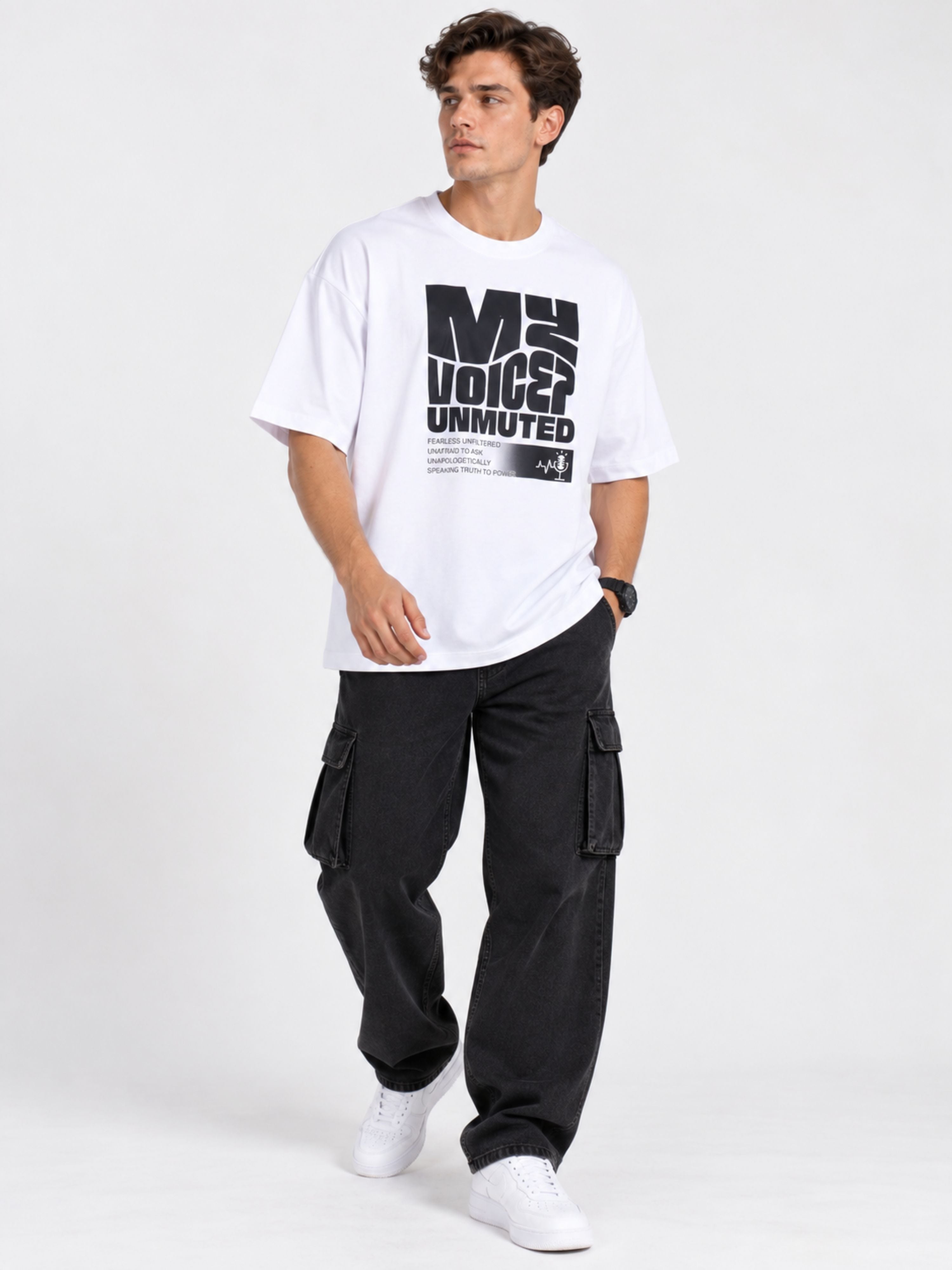 Oversized fit white Journalists T-Shirt For Men with bold My Voices Unmuted print from Bandar Baant Collections