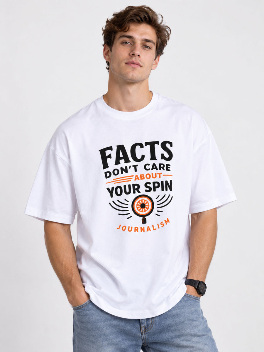 Bandar Baant Collections oversized fit white Journalists T-Shirt For Men with bold journalism quote print