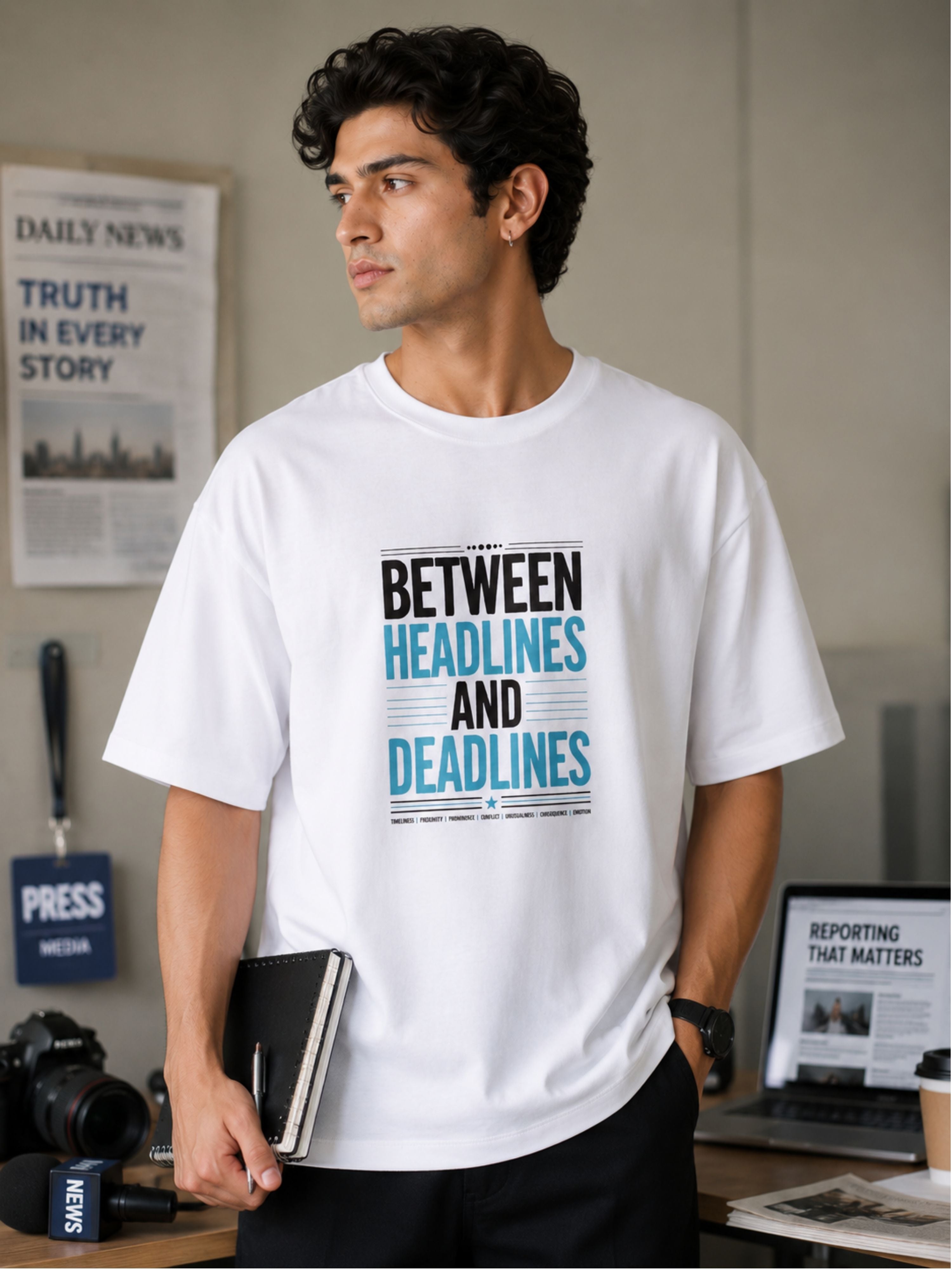 Bandar Baant Collections oversized fit Journalists T-Shirt For Men with Between Headlines and Deadlines print