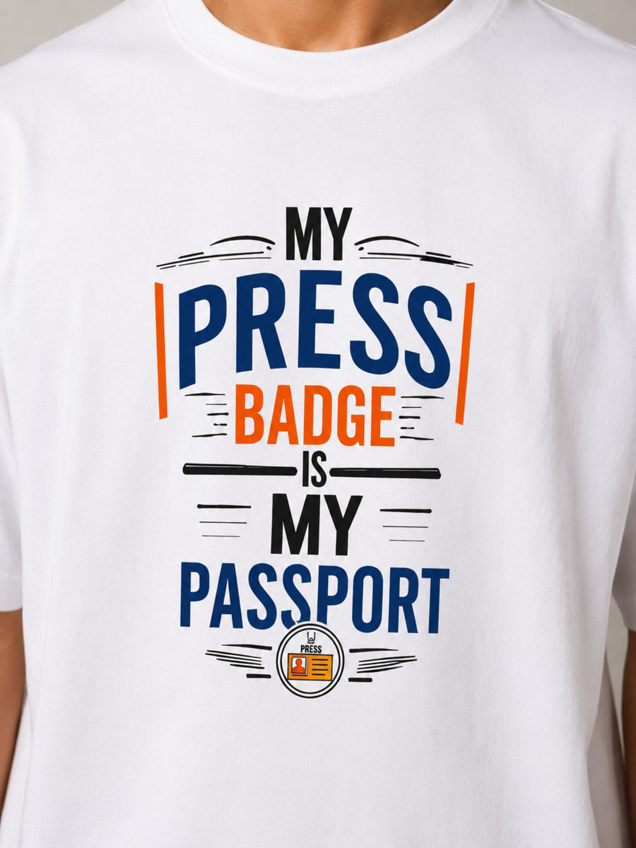 Oversized fit Journalists T-shirt For Men in white with My Press Badge Is My Passport graphic print