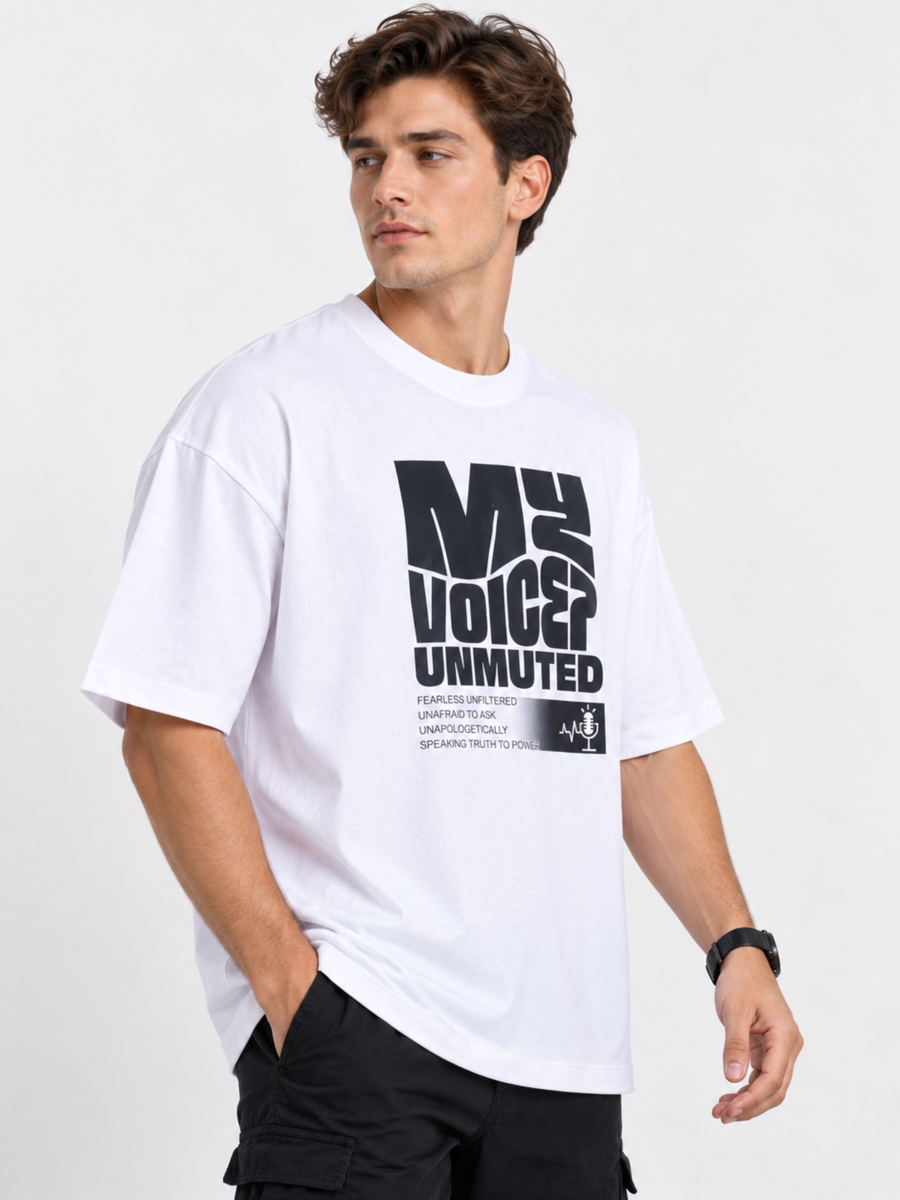 Bandar Baant Collections oversized fit white Journalists T-Shirt For Men with My Voice Unmuted print
