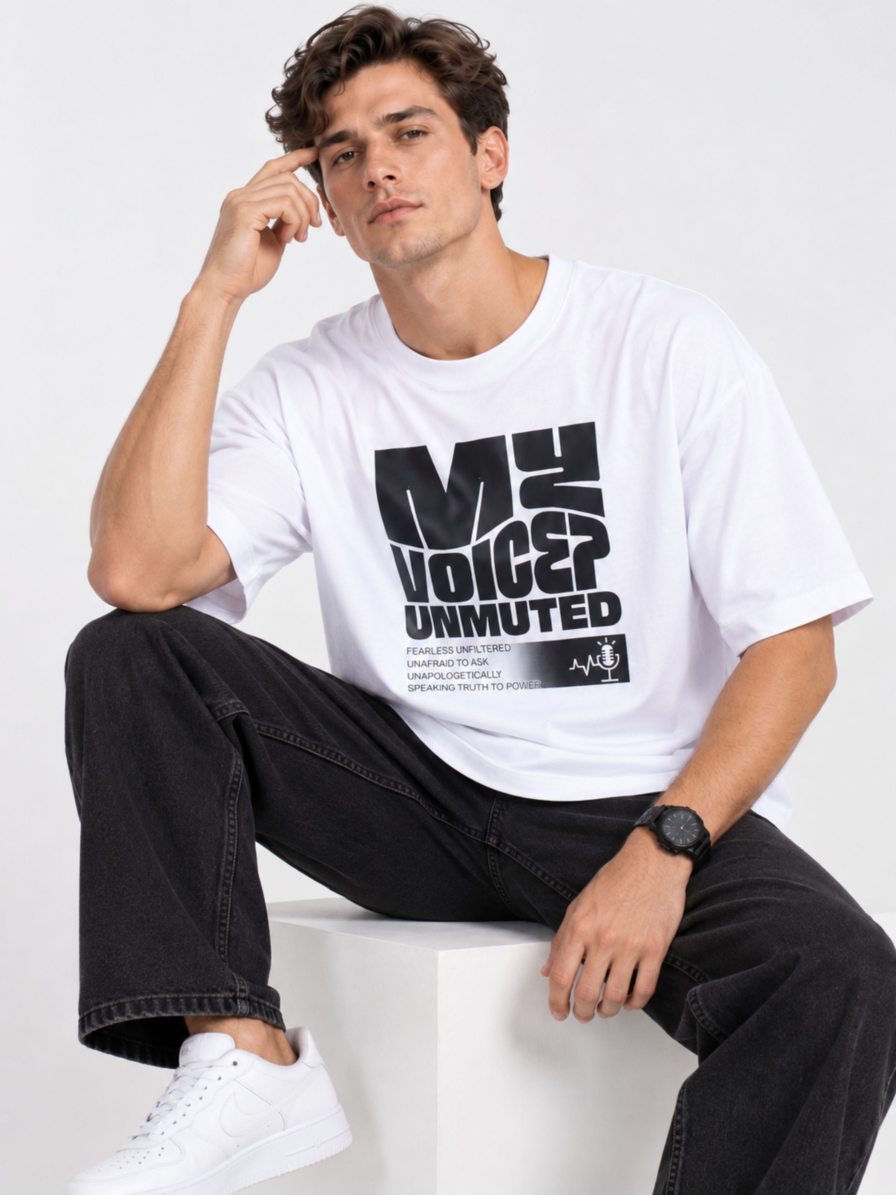 Bandar Baant Collections oversized fit Journalists T-Shirt For Men in white with bold black text graphic