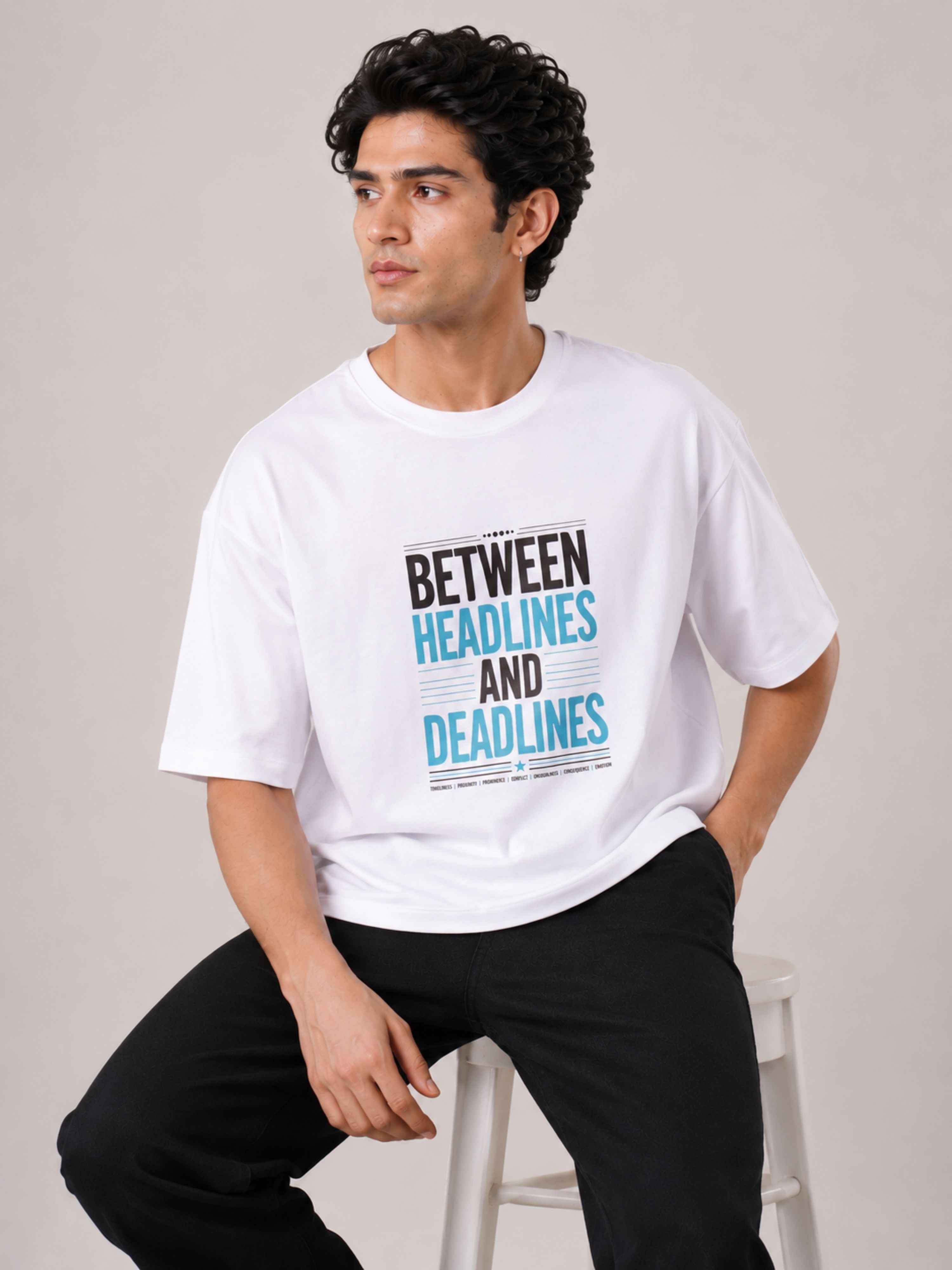 Oversized fit Journalists T-Shirt For Men in white with Between Headlines and Deadlines print