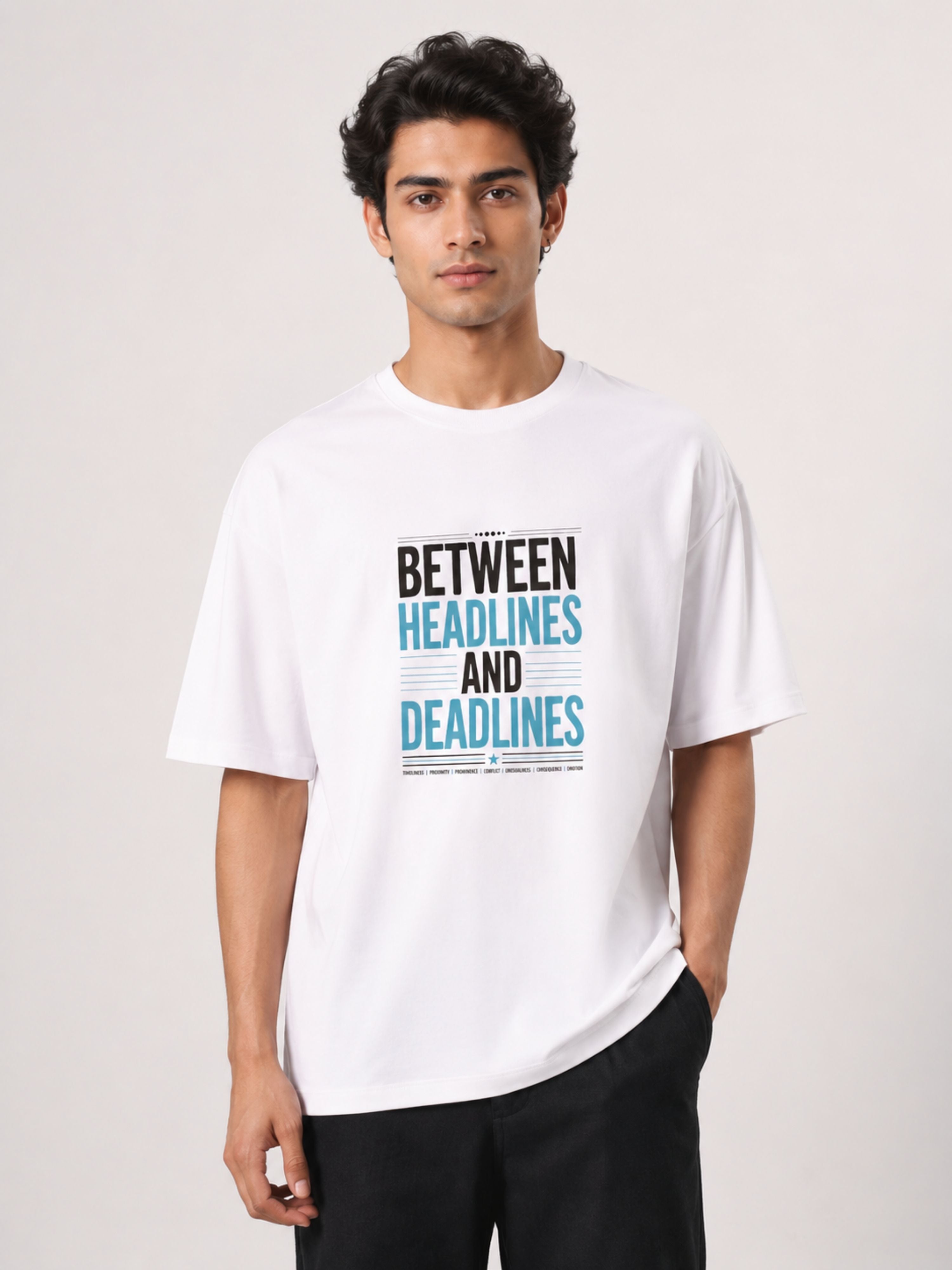 White oversized fit Journalists T-Shirt For Men with headlines and deadlines graphic print