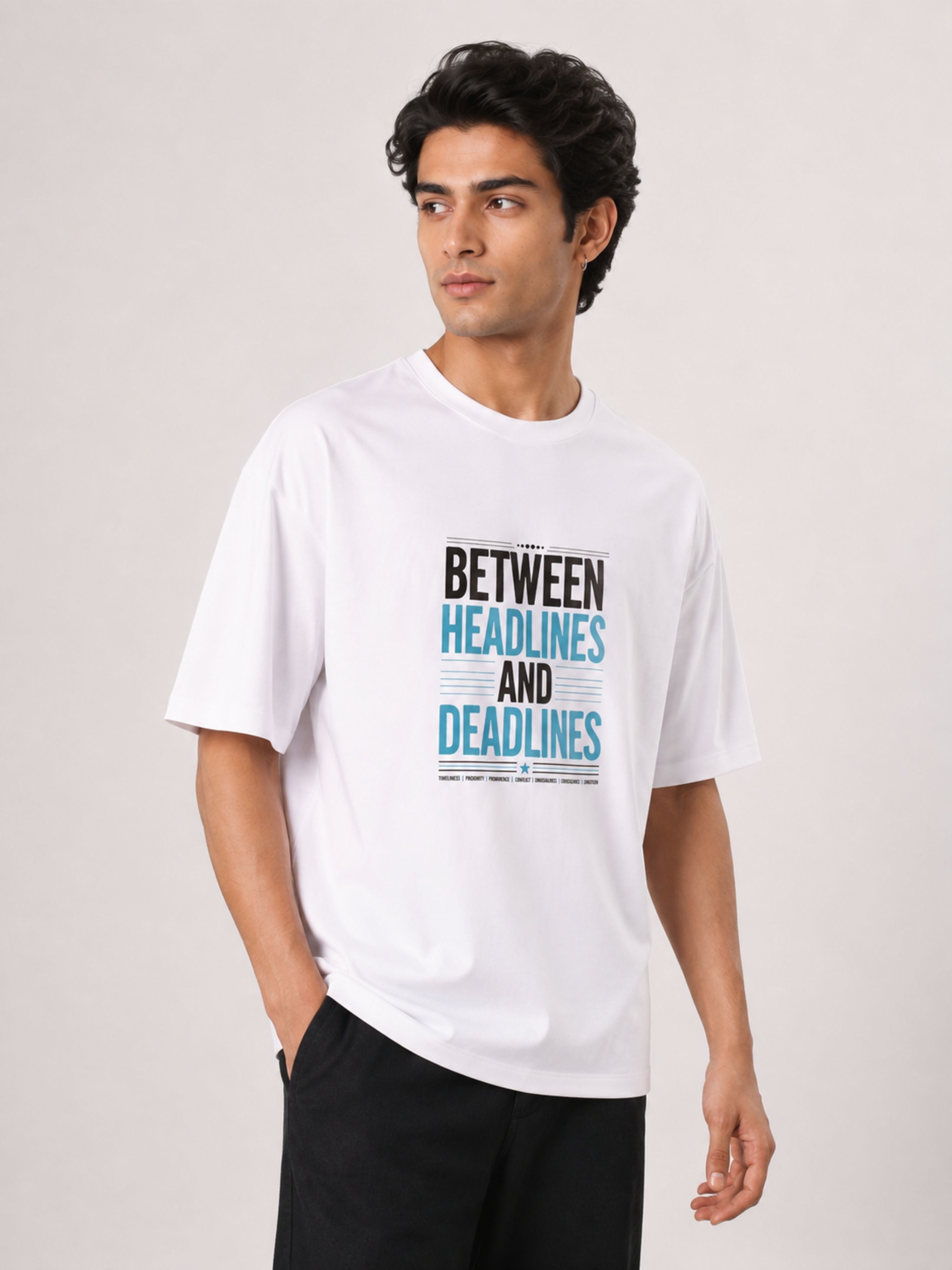 Oversized fit white Journalists T-Shirt For Men with Between Headlines and Deadlines print