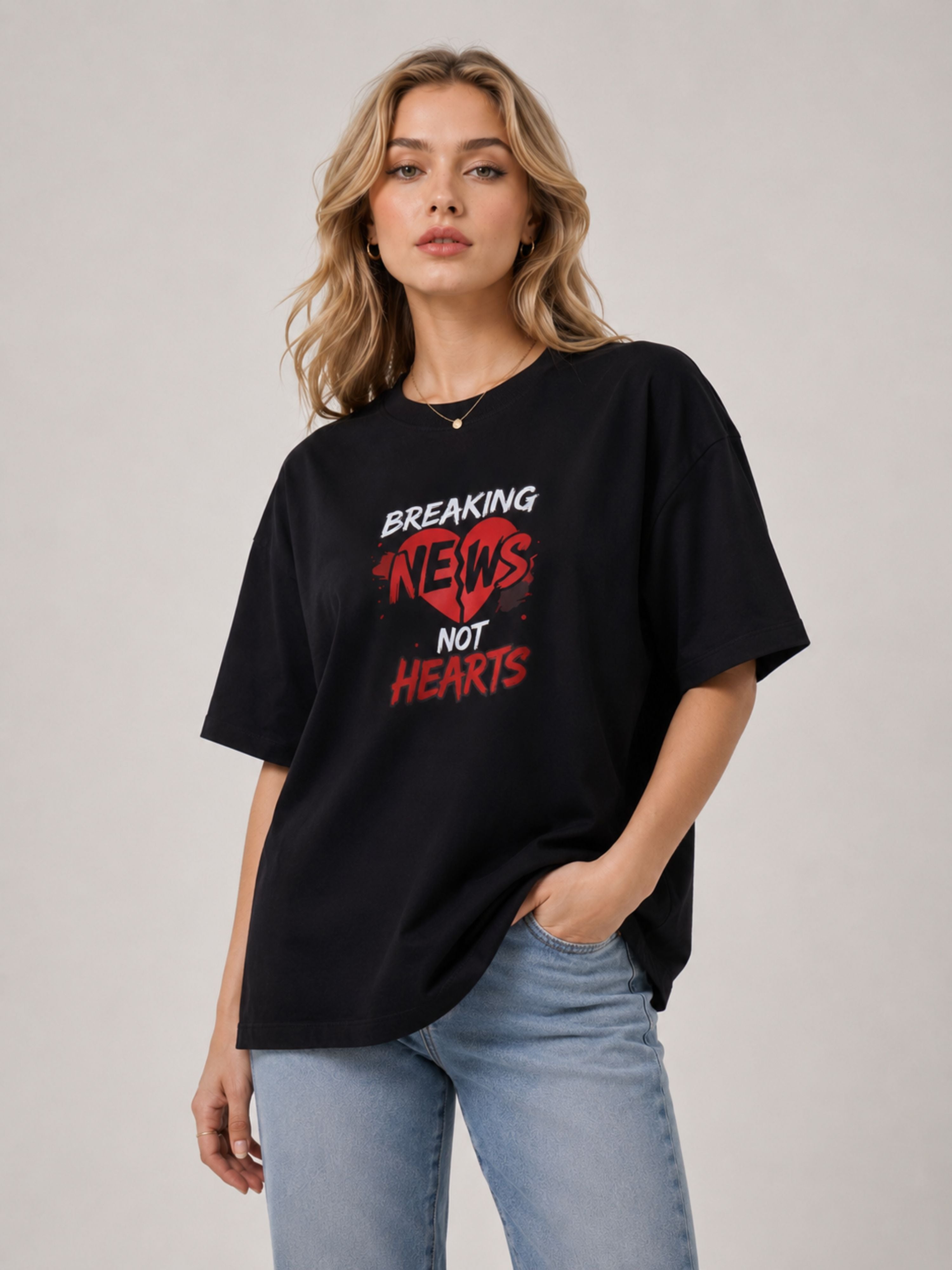 Oversized fit Journalists T-Shirt For Women in black with Breaking News Not Hearts graphic print