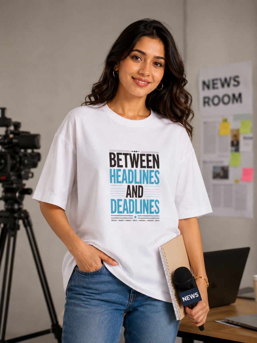 Journalists T-shirt For Women oversized fit white tee with Between Headlines and Deadlines print