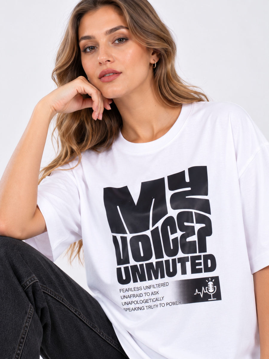 Oversized fit Journalists T-shirt For Women in white with bold black graphic text from Bandar Baant Collections