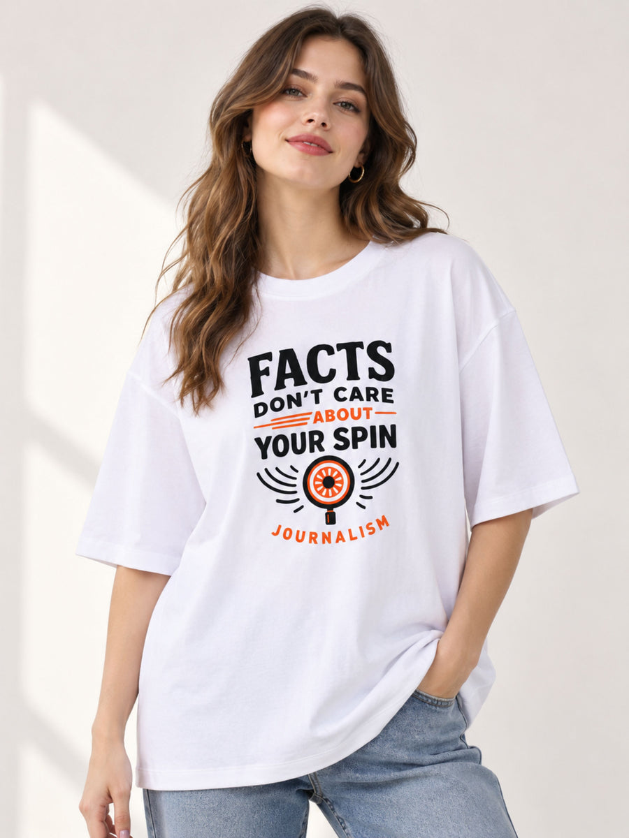 Oversized fit Journalists T-shirt For Women in white with bold black and orange slogan print