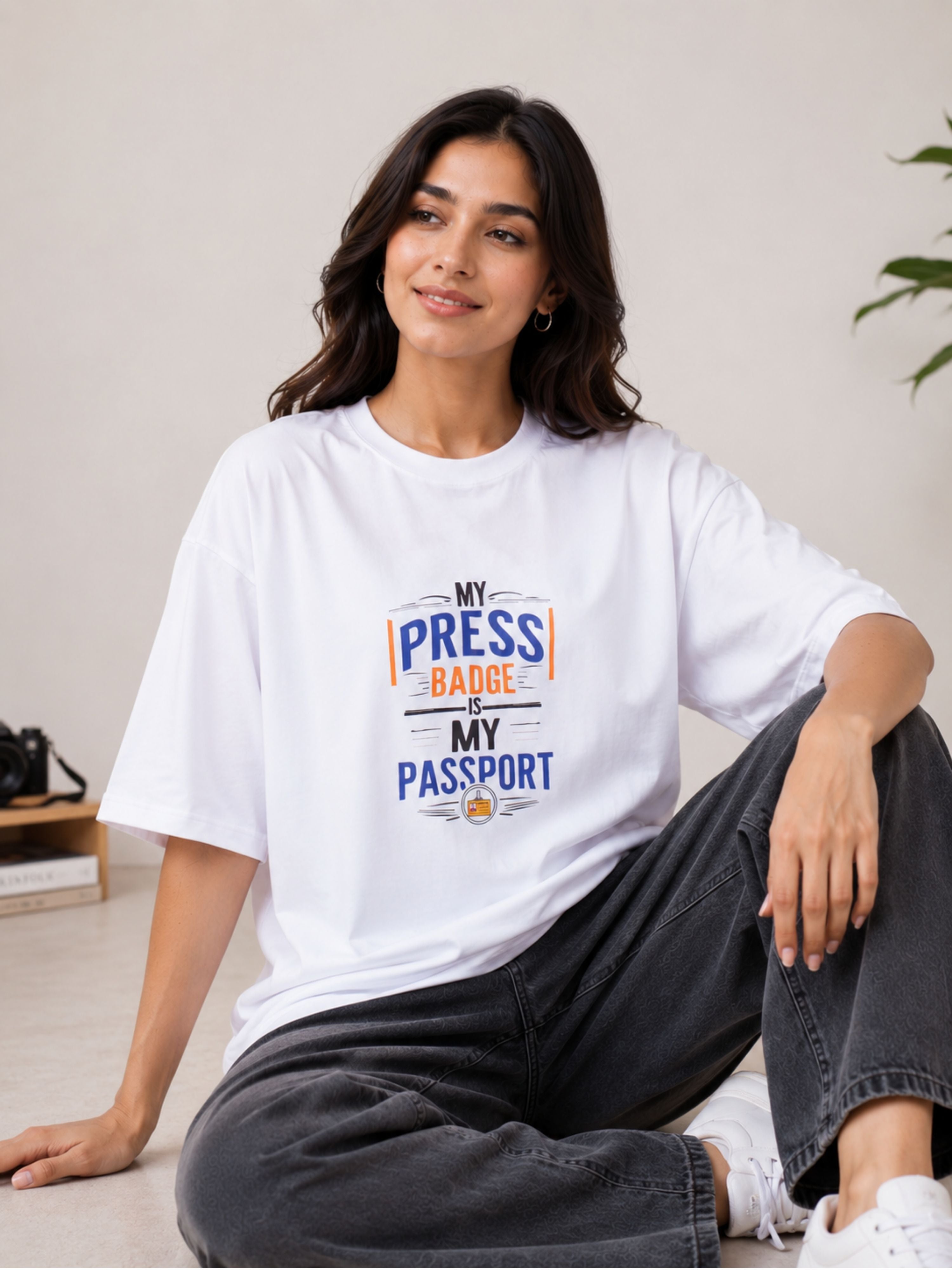 Bandar Baant Collections oversized fit white Journalists T-shirt For Women with press badge graphic design