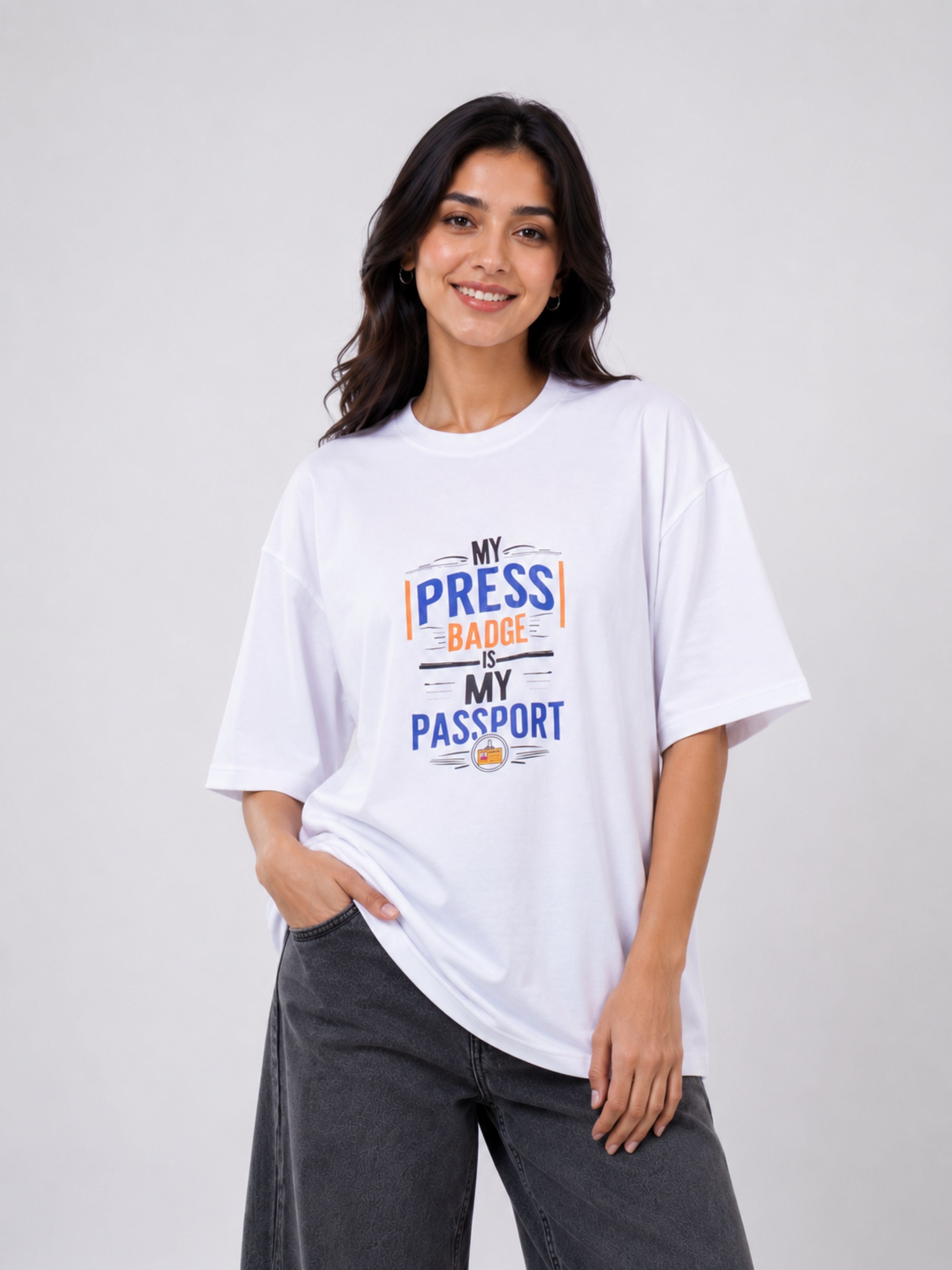 Women wearing oversized fit Journalists T-shirt For Women in white with press badge passport print