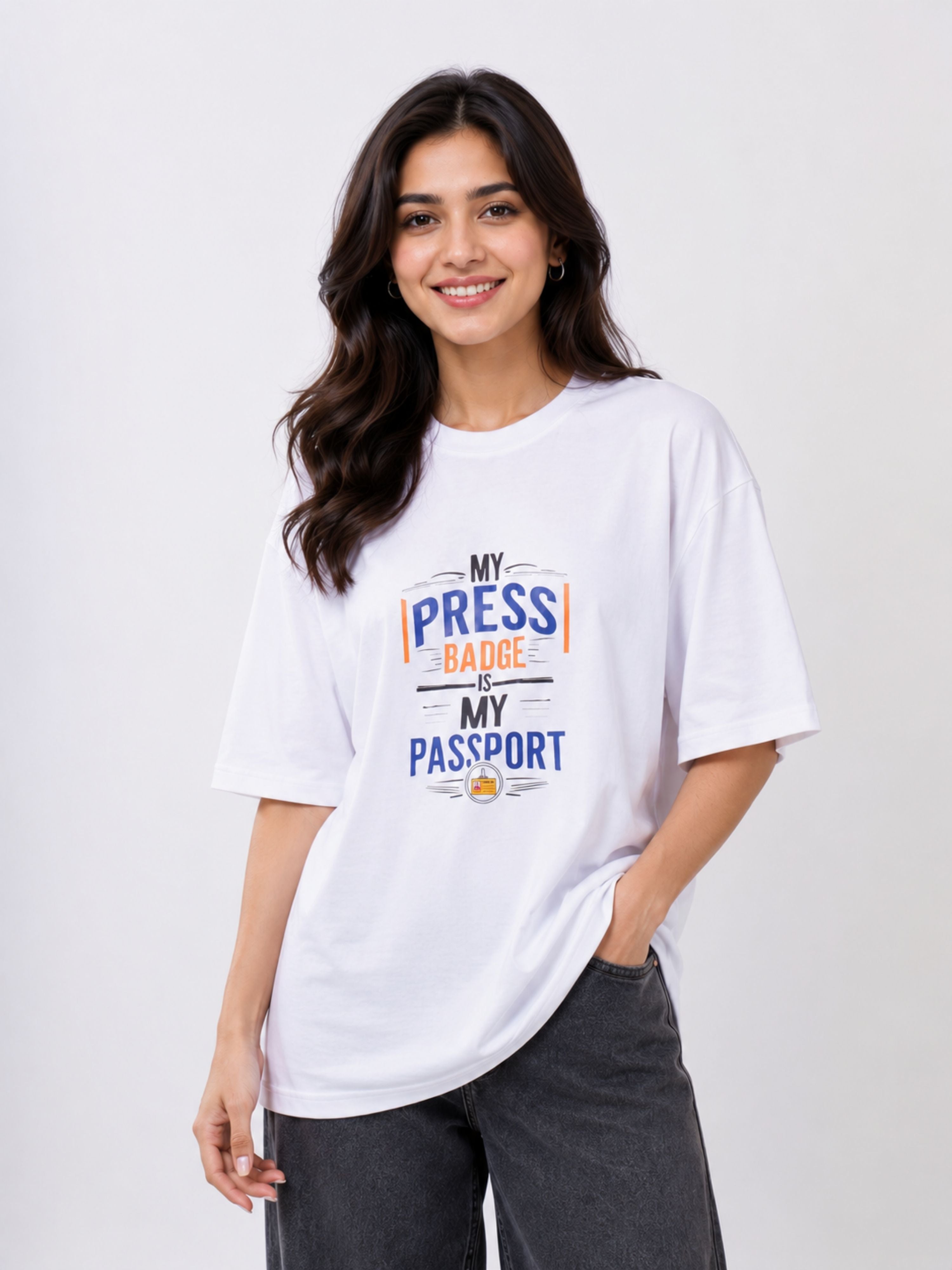 Bandar Baant Collections oversized fit white Journalists T-shirt For Women with press badge graphic