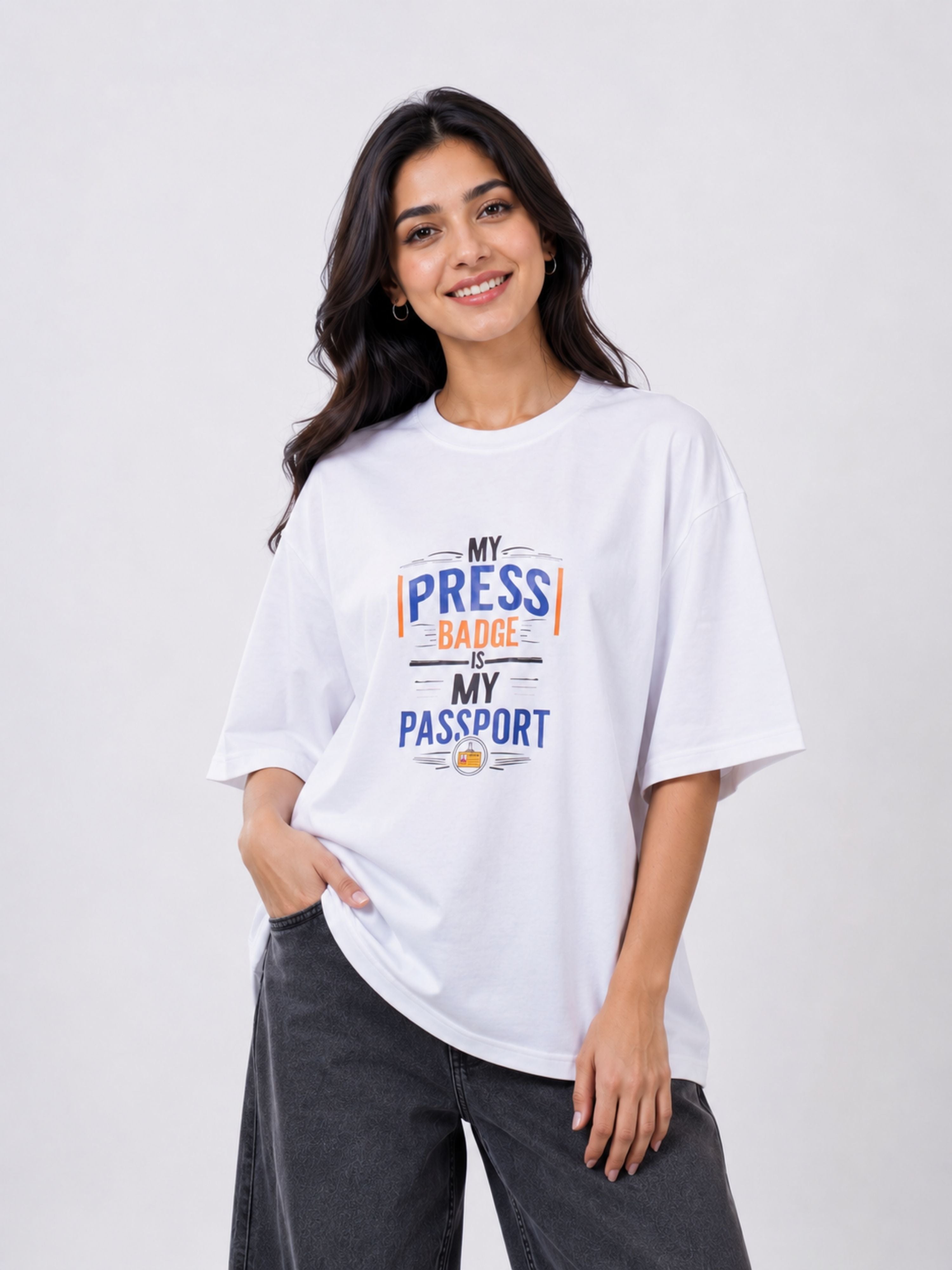 Bandar Baant Collections oversized fit Journalists T-shirt For Women white with press badge graphic