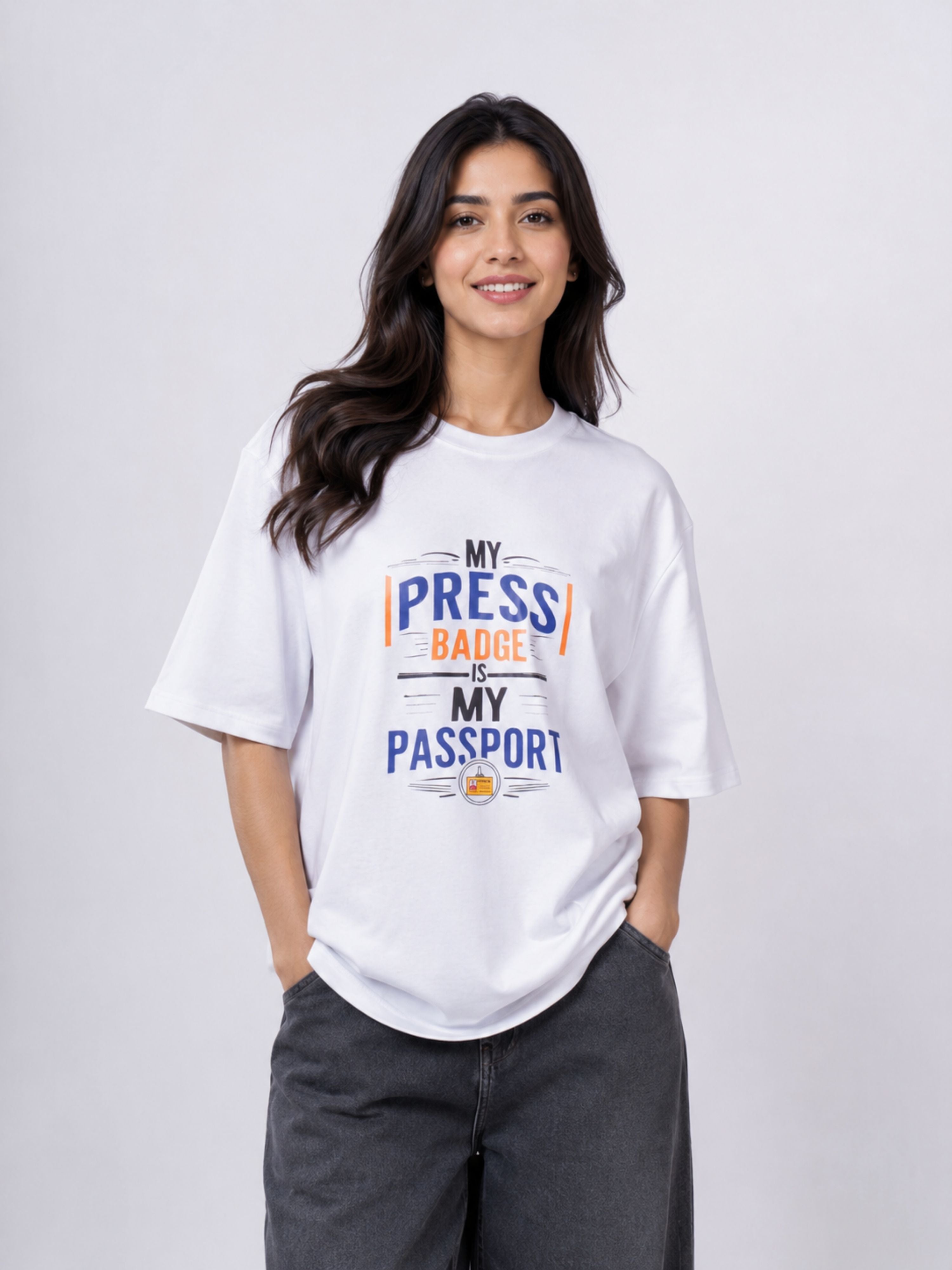Oversized fit Journalists T-shirt For Women in white with press badge graphic from Bandar Baant Collections