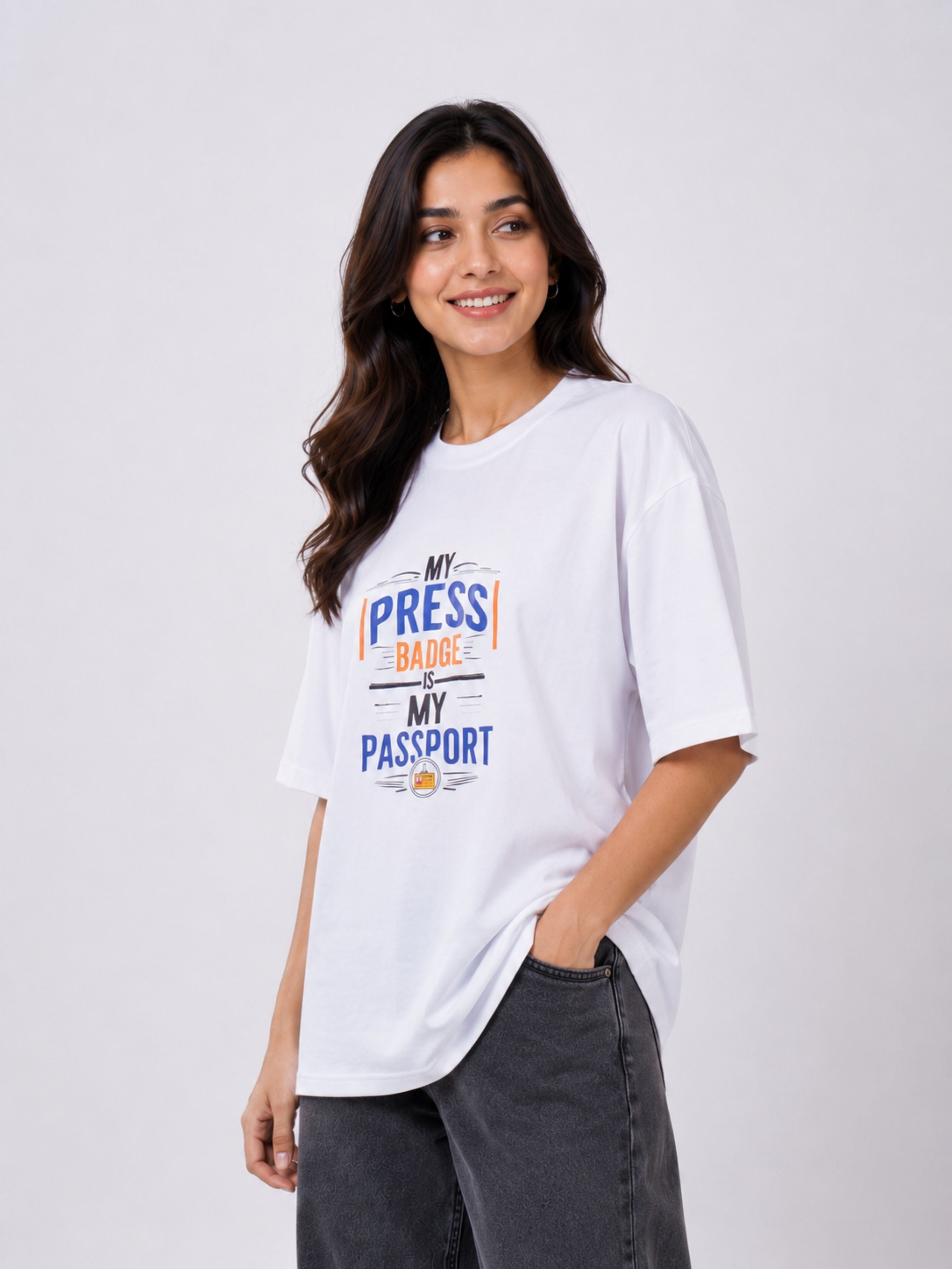 Bandar Baant Collections oversized fit Journalists T-shirt For Women with press badge graphic in white