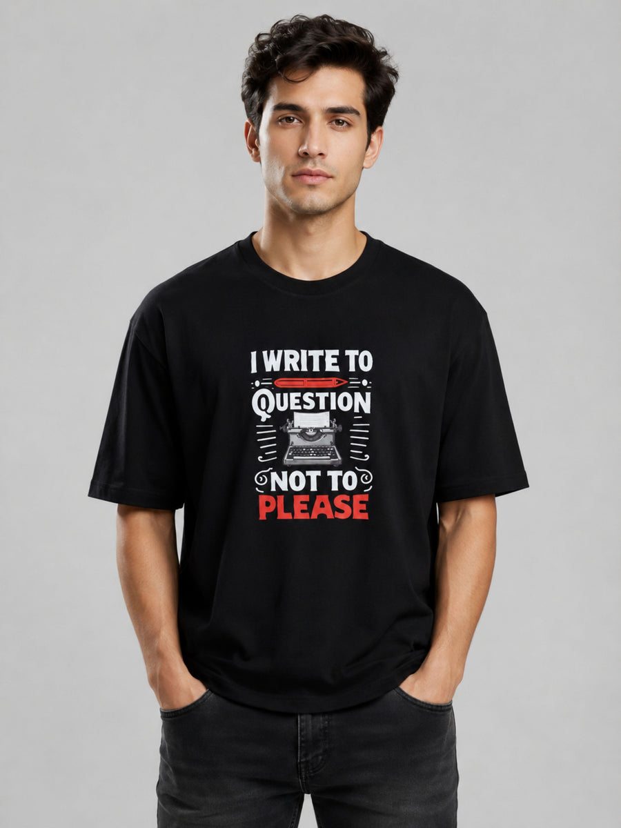 Oversized fit black Journalists Tshirt For Men with white and red text graphic from Bandar Baant Collections