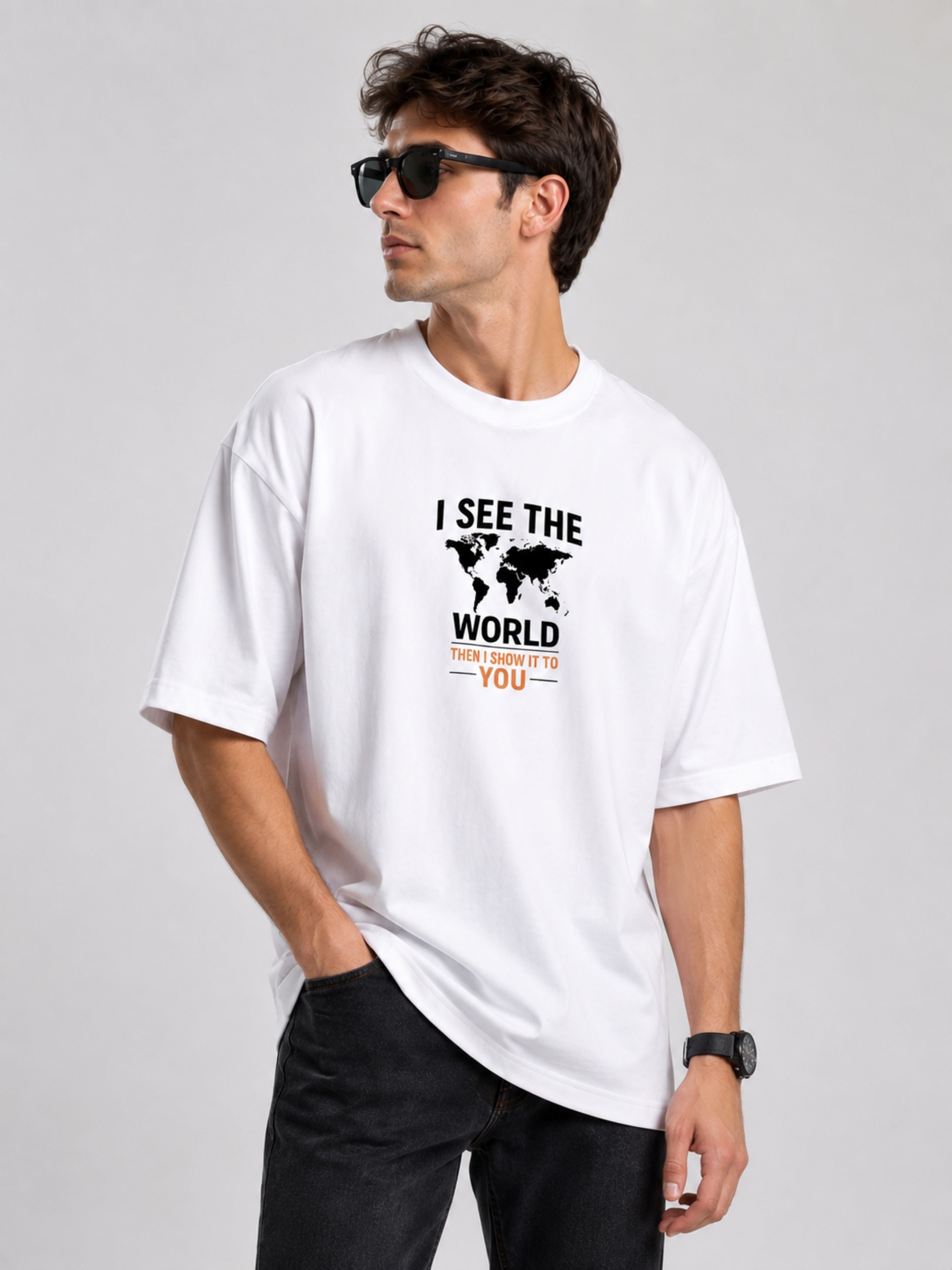 Bandar Baant Collections oversized fit white Journalists Tshirt For Men with world map graphic