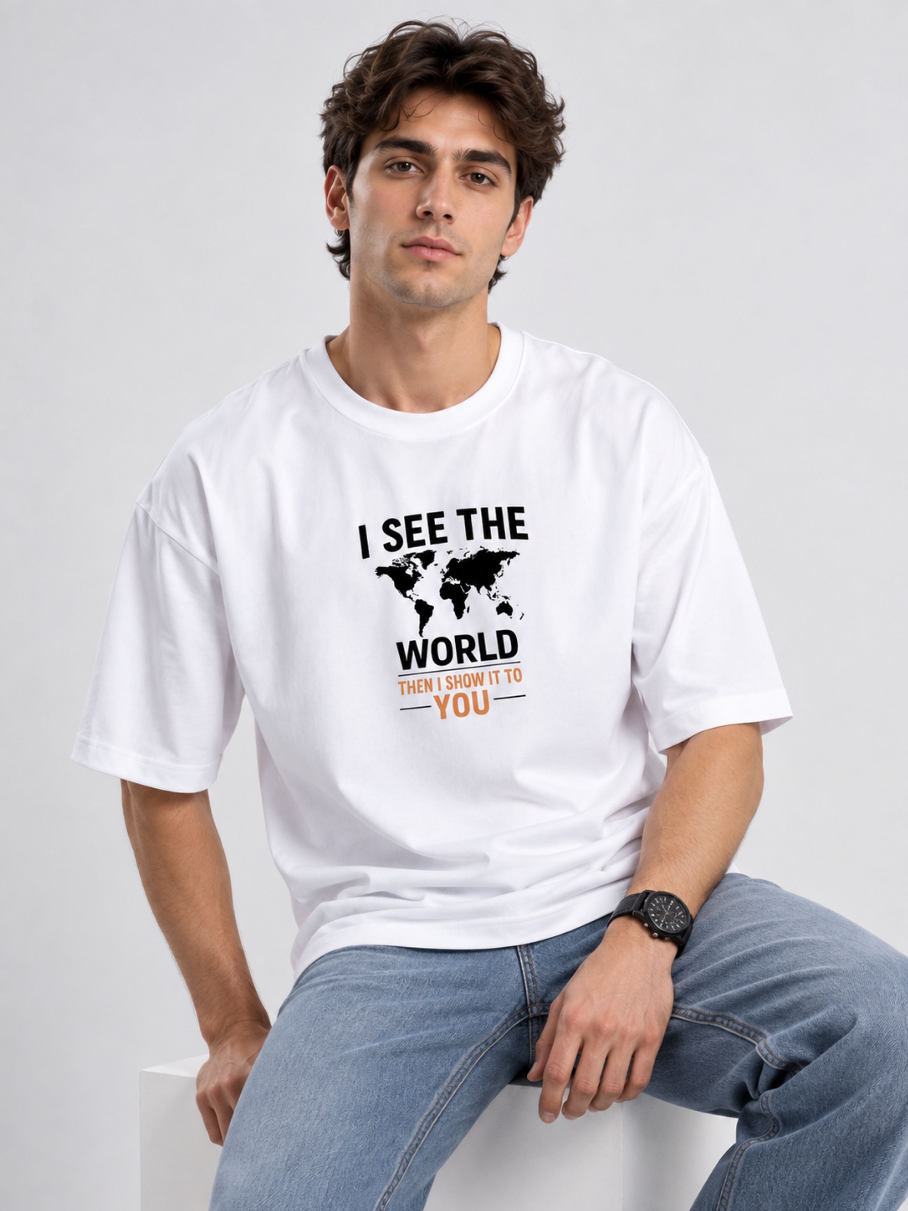 Bandar Baant Collections oversized fit Journalists Tshirt For Men white with world map graphic
