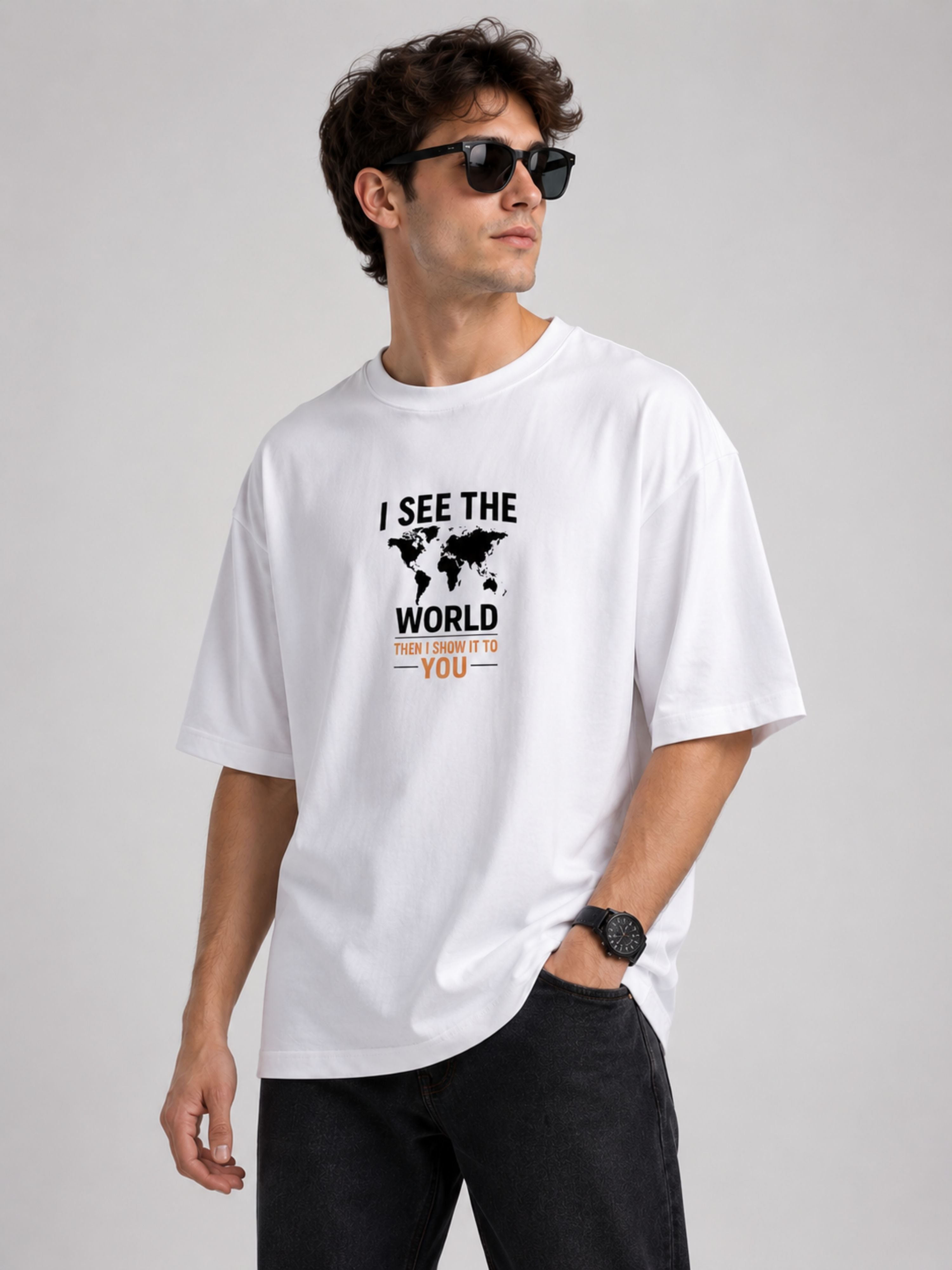 Bandar Baant Collections oversized fit Journalists Tshirt For Men in white with world map graphic